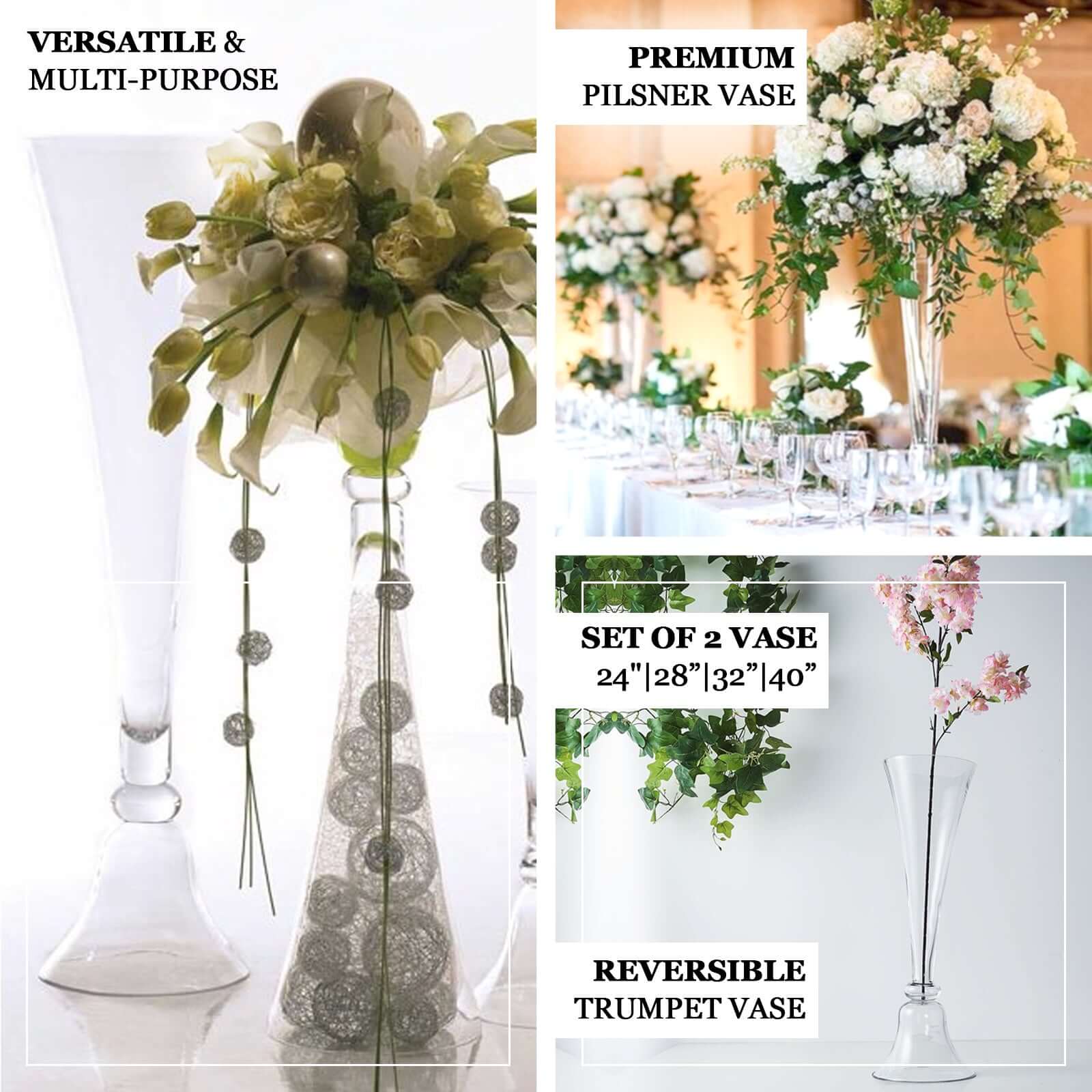 Set of 2 Glass Trumpet Vases Reversible Clarinet Style Clear - Stylish Flower Centerpieces for Events 32