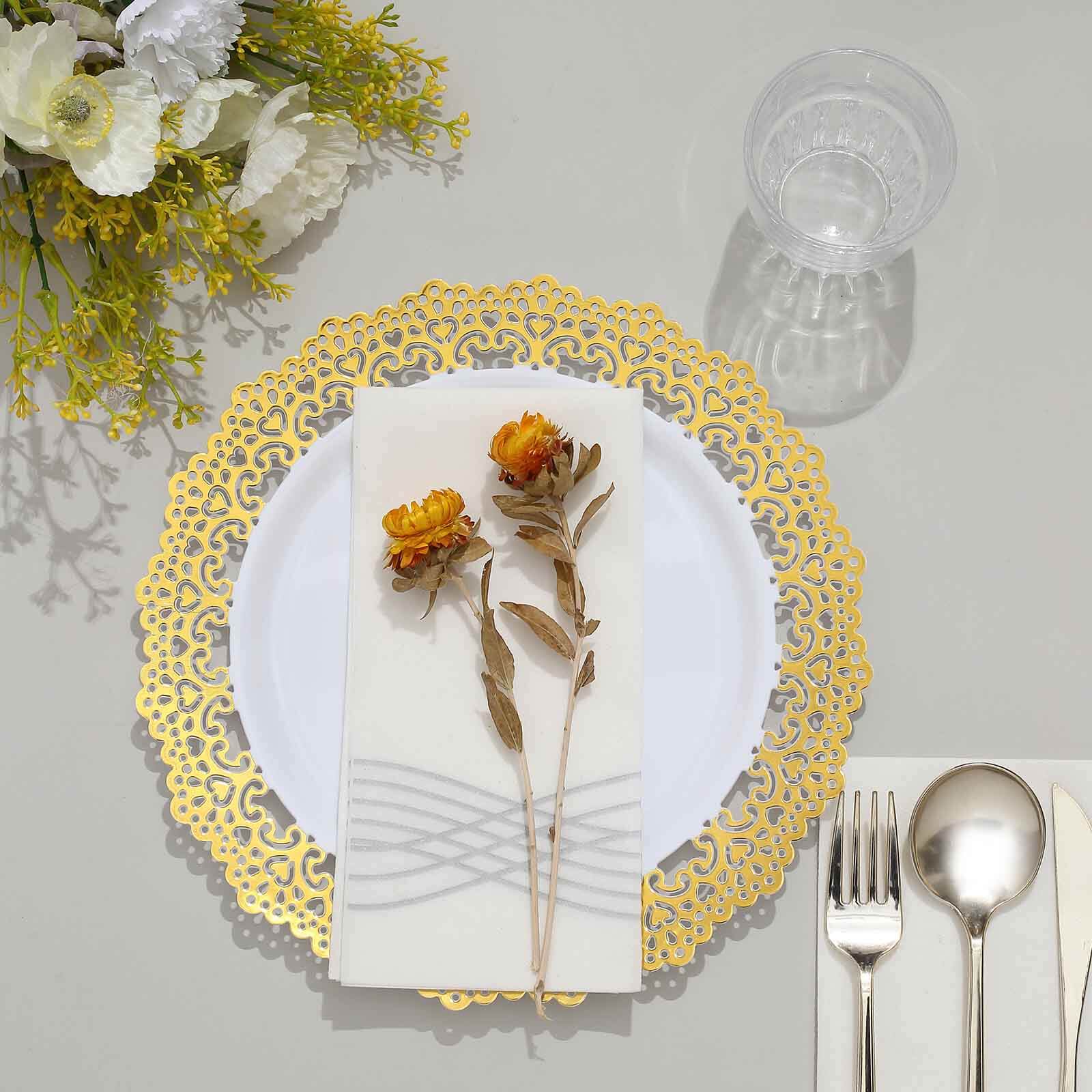 10-Pack Plastic 10 Round Dinner Plates in White with Gold Lace Rim - Disposable Party Plates for Classy Events & Banquets