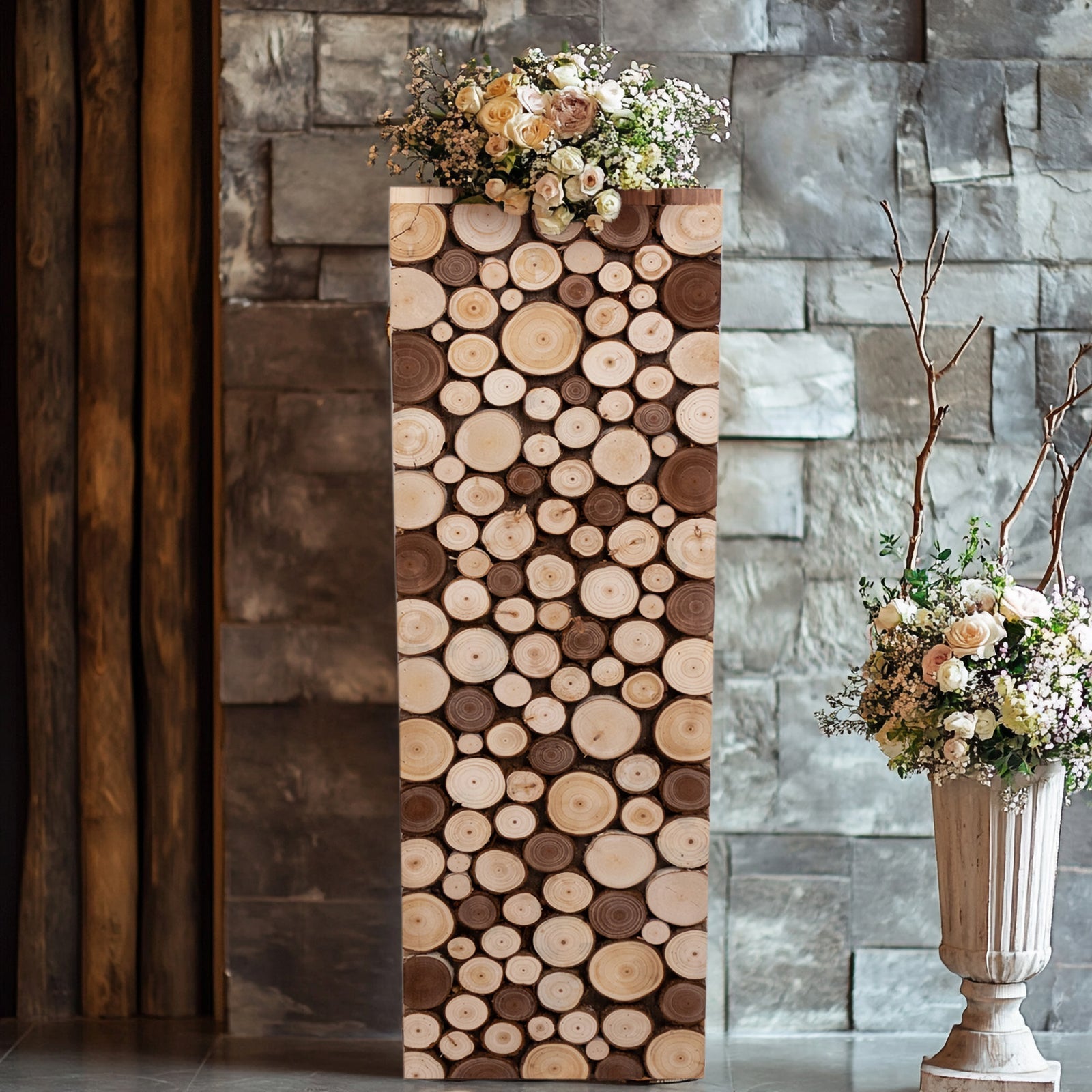 36 Natural Wooden Slices Pillar Prop Pedestal Stand, Rustic Farmhouse Wood Riser Rectangular Plant Stand