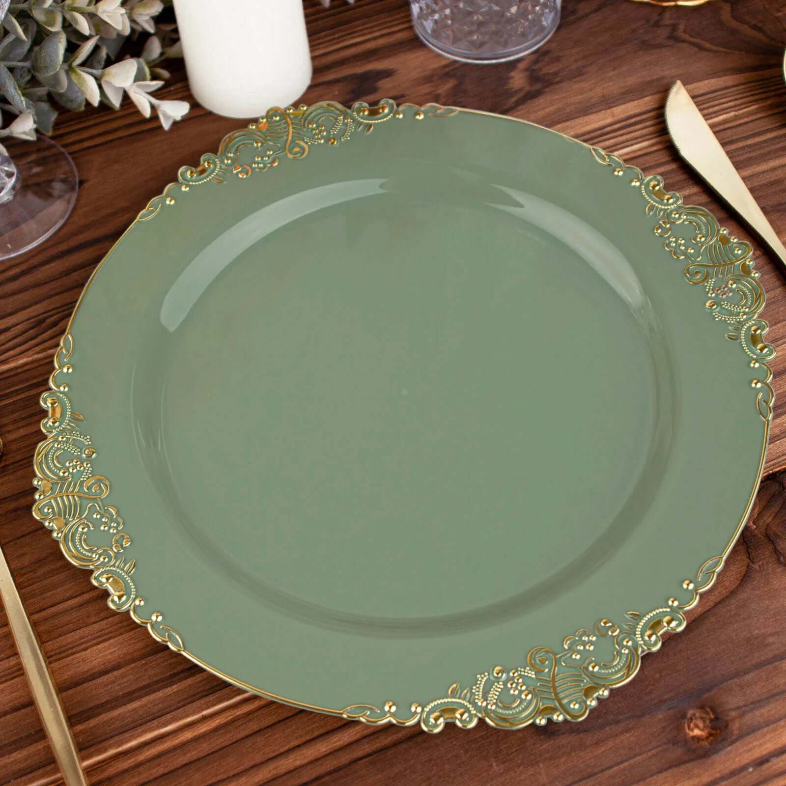 10-Pack Plastic 10 Round Dinner Plates in Dusty Sage Green with Gold Leaf Embossed Rim - Disposable Vintage Baroque Style Plates