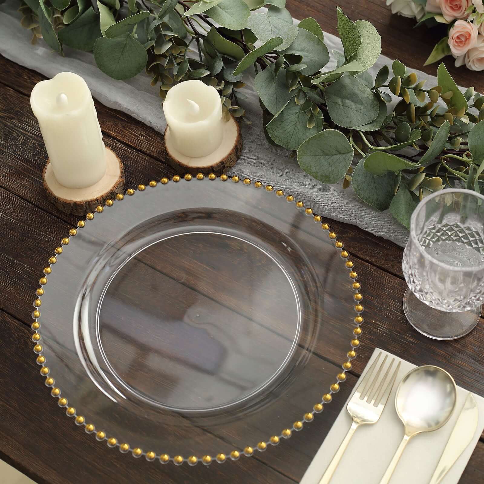 10-Pack Plastic 10 Round Dinner Plates in Clear with Gold Beaded Rim - Disposable Party Plates