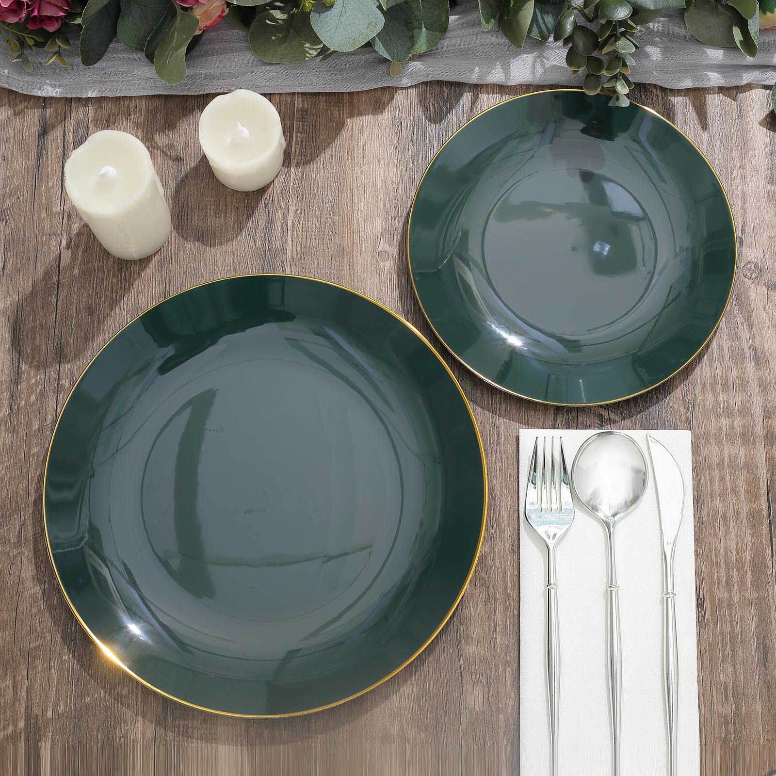 10-Pack Plastic 8 Round Dessert Plates in Hunter Emerald Green with Gold Rim - Glossy Disposable Appetizer Salad Plates