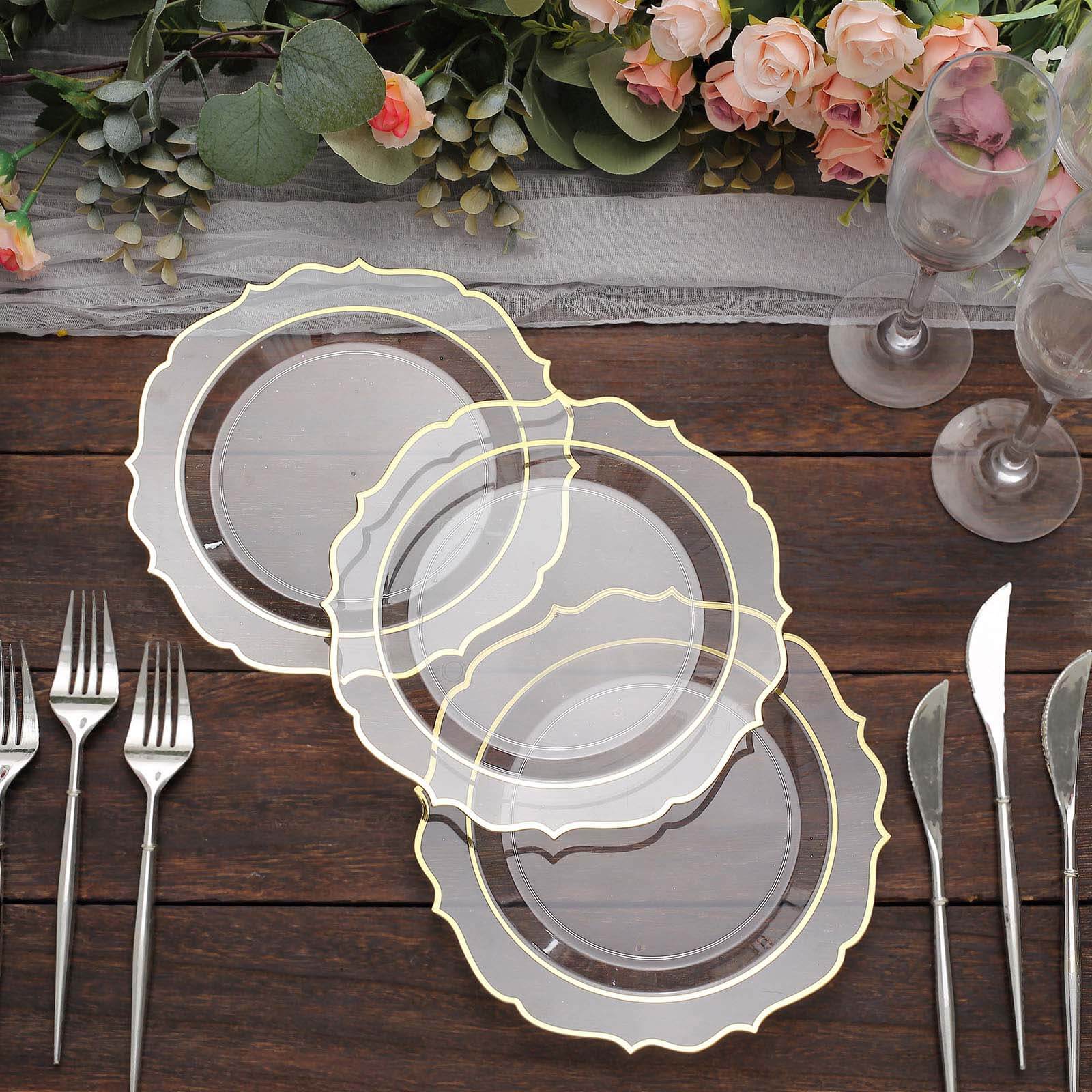 10-Pack Plastic 8 Round Desert Plates in Clear with Gold Scalloped Rim - Disposable Appetizer/Salad Plates