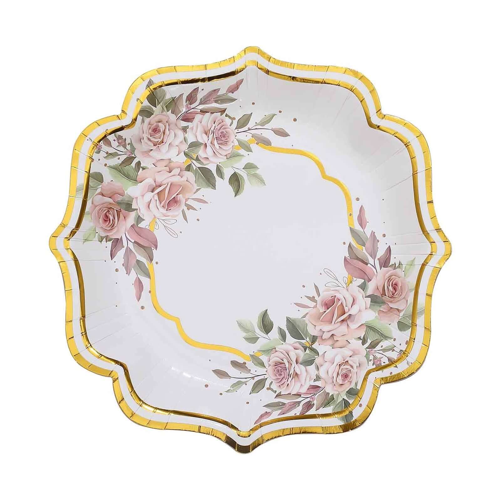 25-Pack Paper 8 Dessert Plates in White with Floral Print & Gold Scallop Rim - Disposable 300GSM Appetizer Salad Plates for Cocktail Events & Receptions