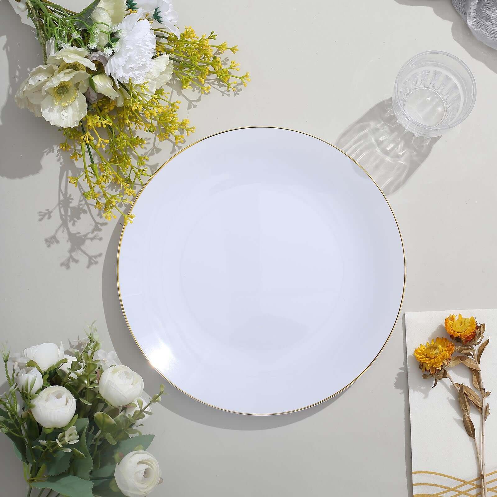 10-Pack Plastic 10 Round Dinner Plates in White with Gold Rim - Glossy Disposable Party Plates for Banquets & Special Occasions