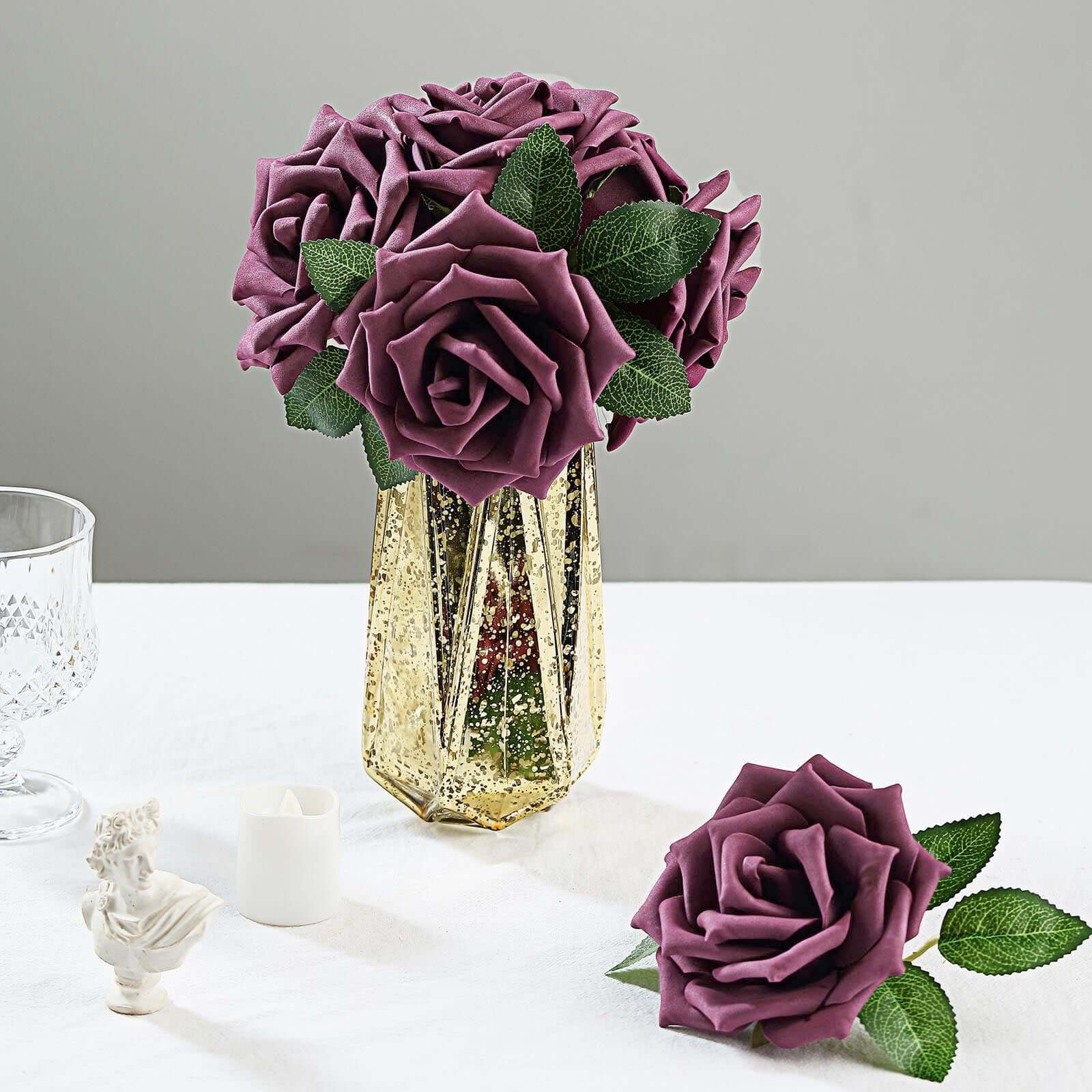 24 Roses 5 Eggplant Artificial Foam Flowers With Stem Wire and Leaves