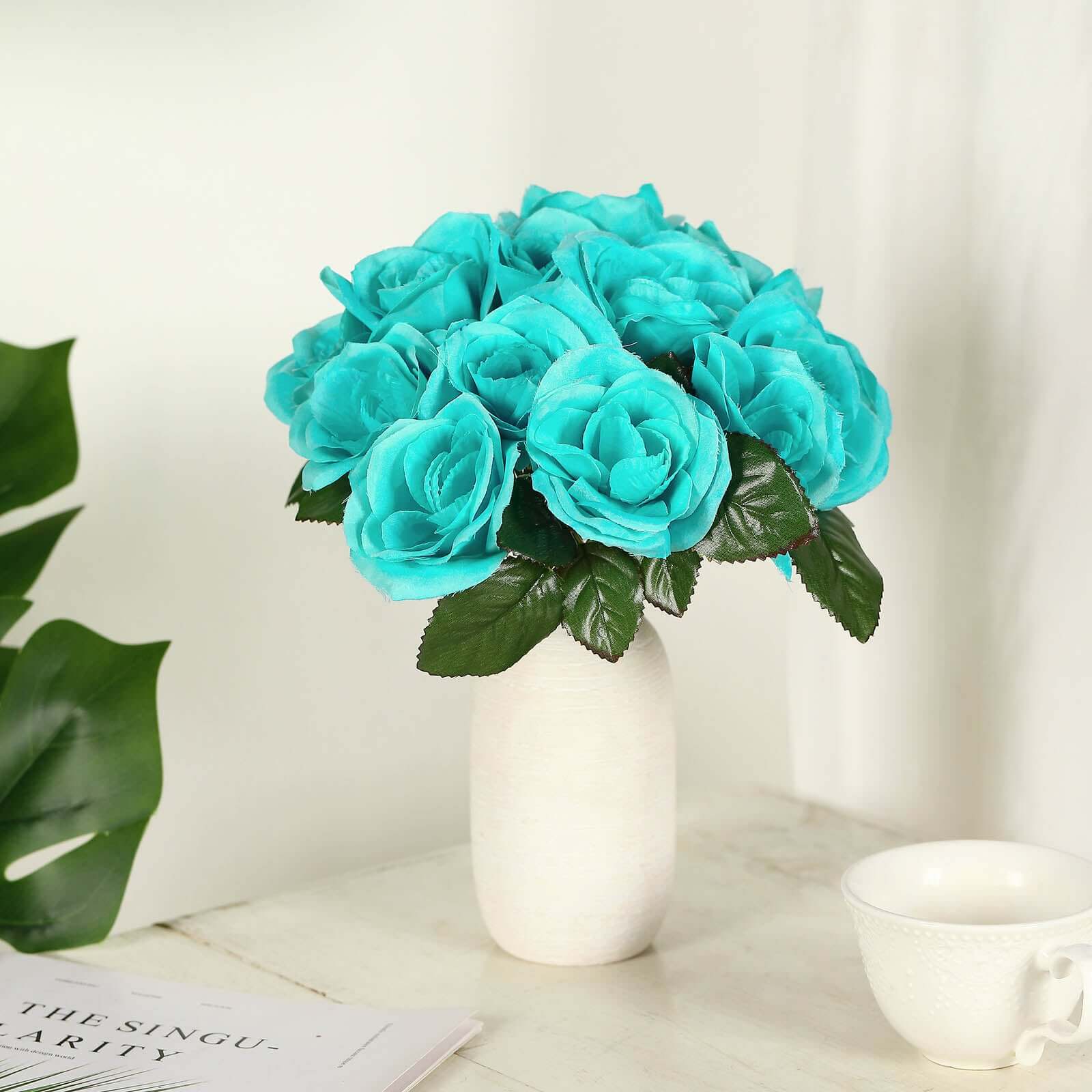 12 Turquoise Artificial Velvet-Like Fabric Rose Flower Bouquet Bush