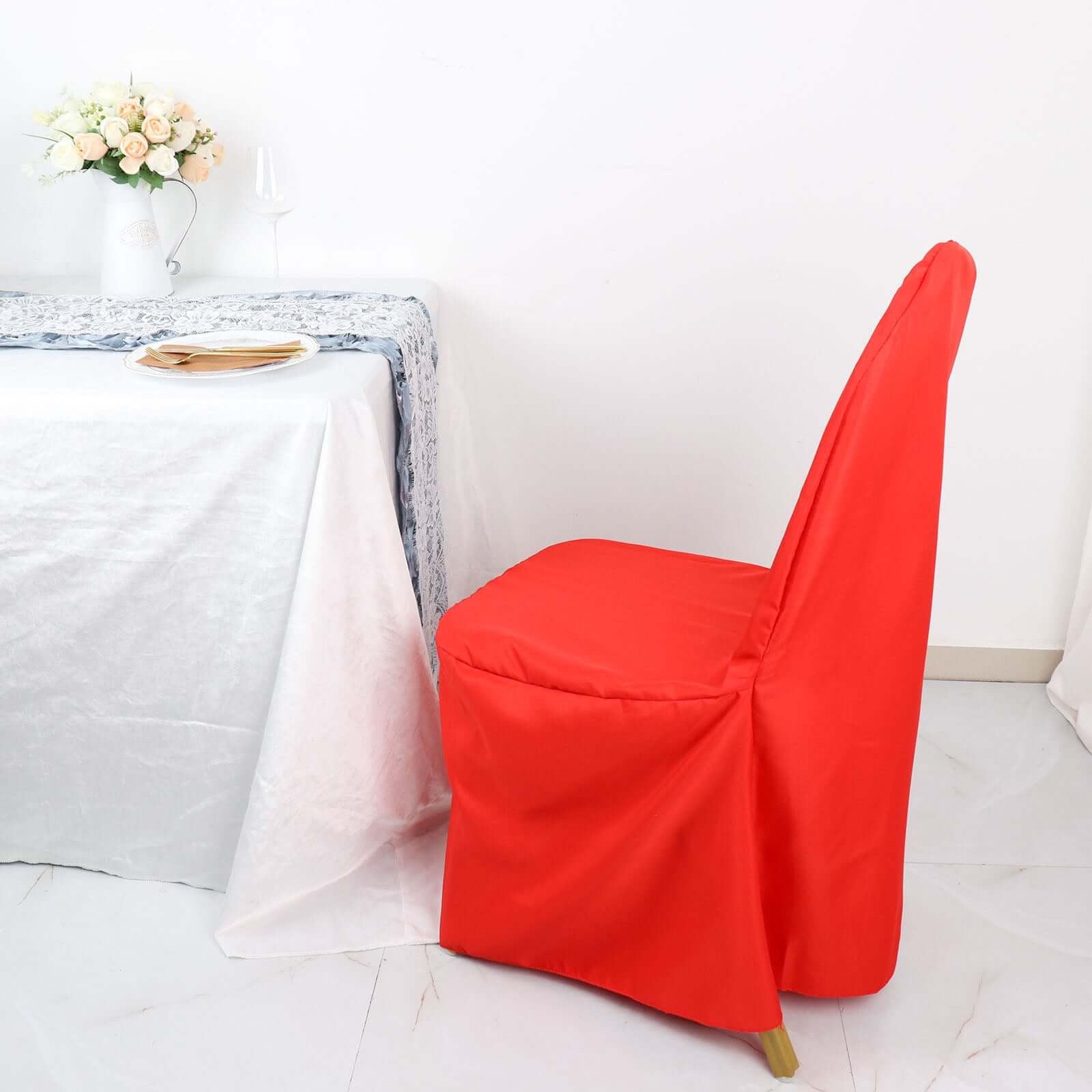 10 Pack Polyester Chair Cover for Banquet Chairs Red - Stain-Resistant Reusable Slip-On Slipcover