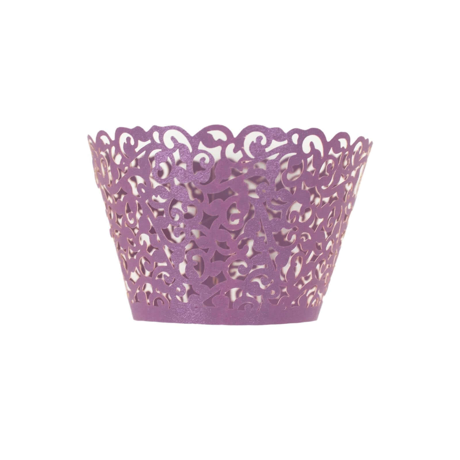 25-Pack Paper Cupcake Wrappers Lace Laser Cut Design Purple - Muffin Baking Cup Trays for Events