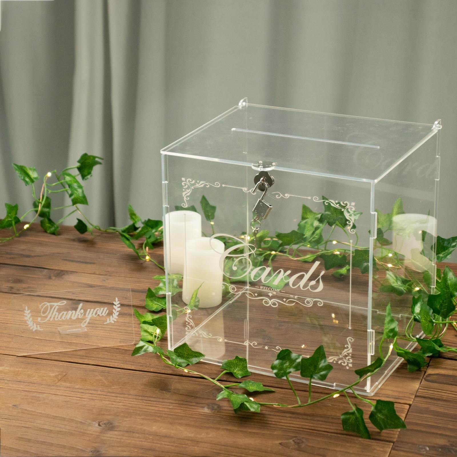 Clear Acrylic Wedding Card Box With Lock, Key & Thank You Sign Stand, Reception Party Money Gift Card Box