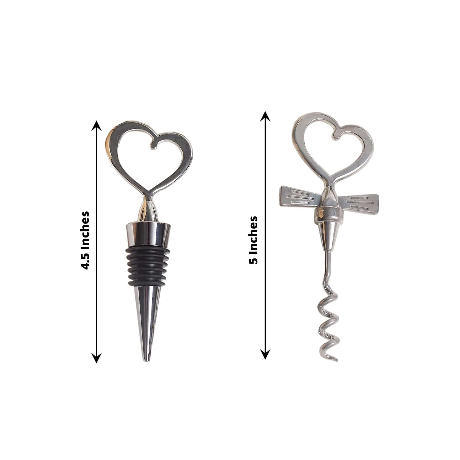 Silver Metal Heart Wine Bottle Opener Cork Stopper Party Favors Souvenir Gift Set, Wedding Favor in Velvet Box - 4.5,5