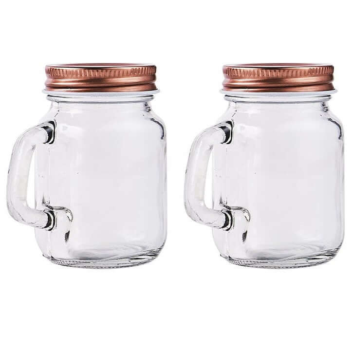 4-Pack Glass Mason Jars Rustic Design Clear with Handles and Rose Gold Screw-On Lids - Trendy Containers for Drinks & Events 4oz