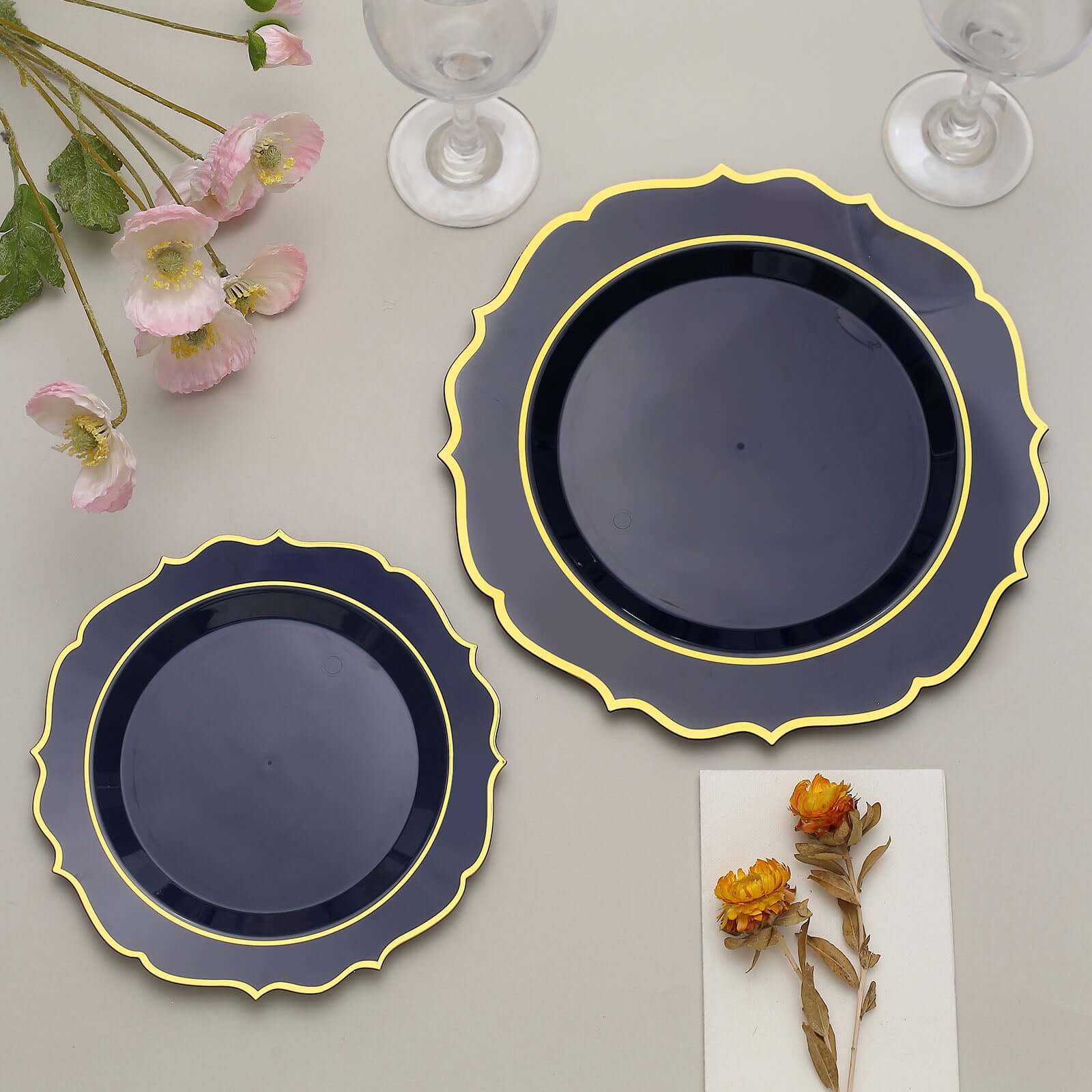 10-Pack Plastic 10 Round Dinner Plates in Navy Blue with Gold Scalloped Rim - Disposable Party Plates