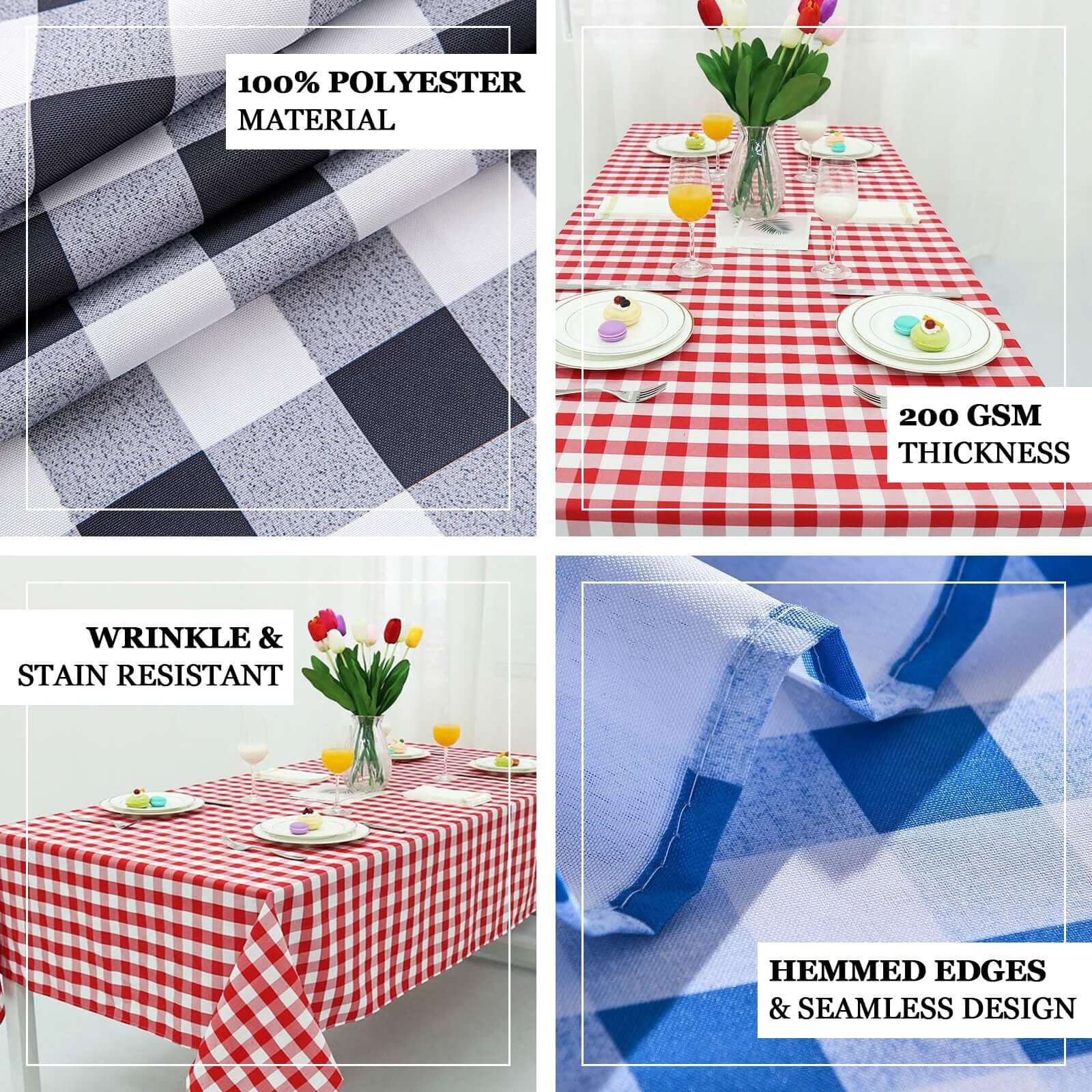 Polyester 90x132 Rectangle Tablecloth Black/Red - Seamless Checkered Buffalo Plaid Table Cover