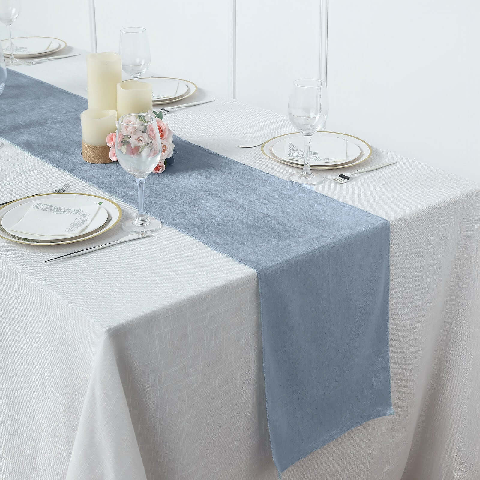 Premium Velvet 12x108 Table Runner Dusty Blue - Sheen Finish Reusable Table Decor