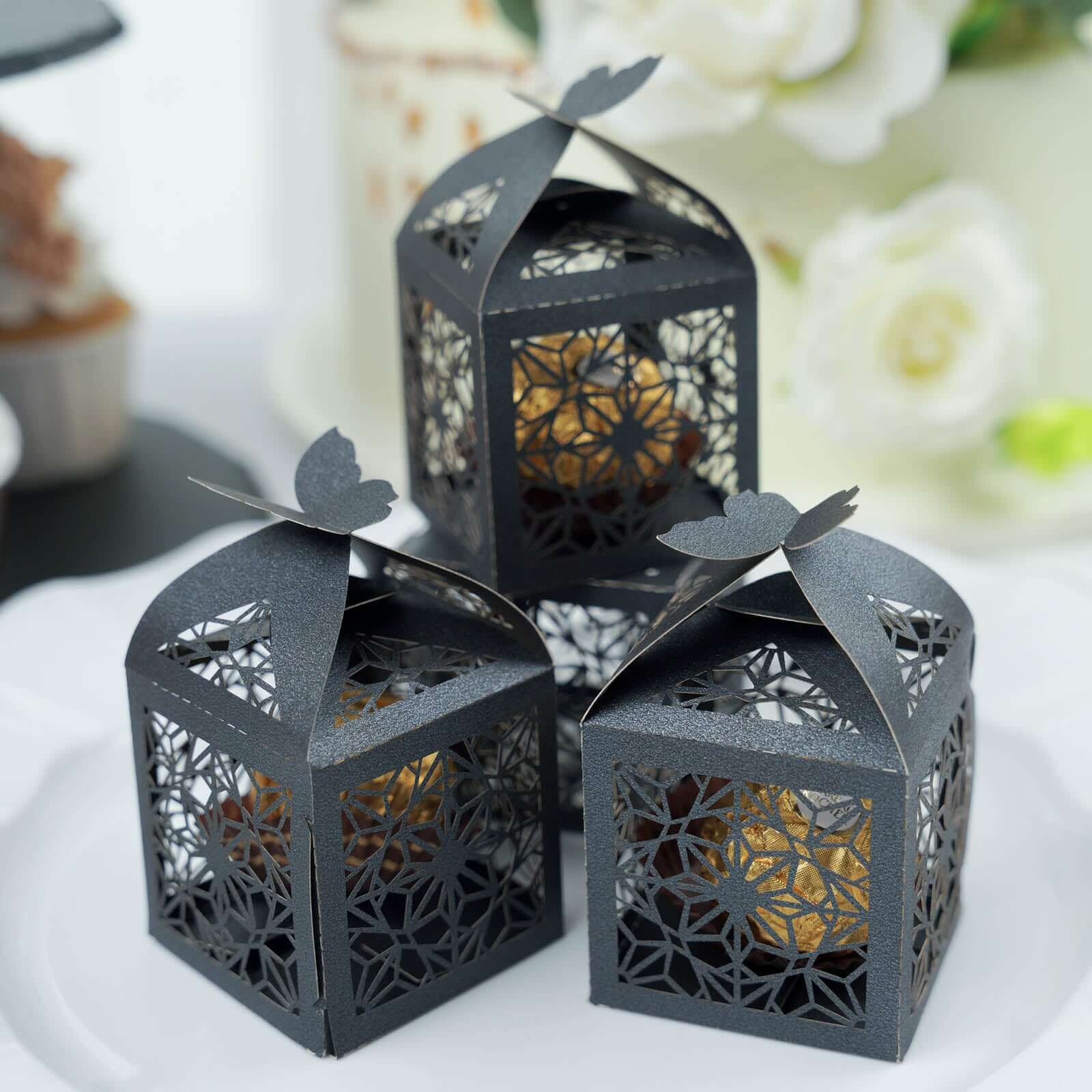 25 Pack Black Butterfly Top Laser Cut Lace Favor Candy Gift Boxes