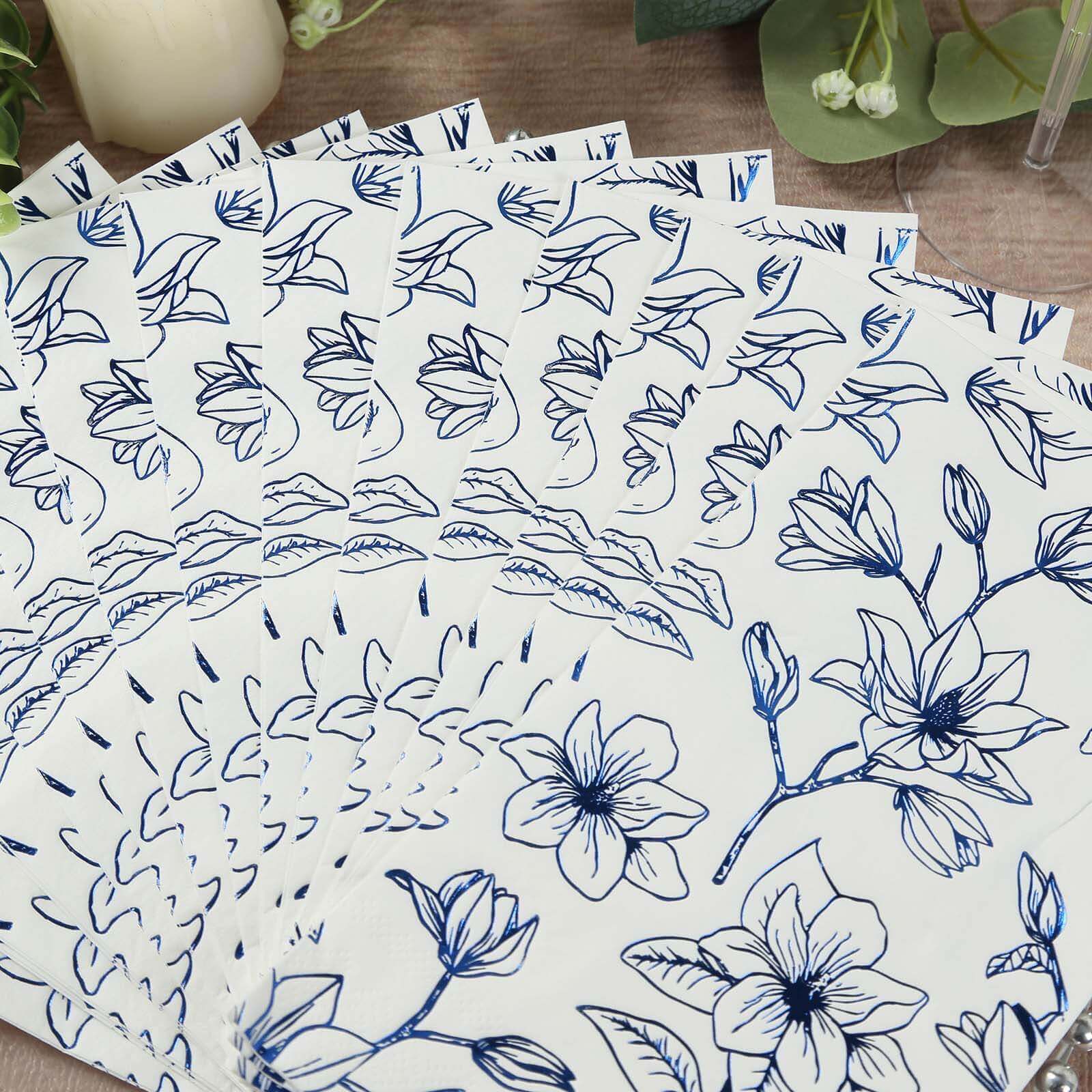 50-Pack Paper Dinner Napkins White with Blue Magnolia Flowers Print 2-Ply - Disposable Soft Napkins for Parties