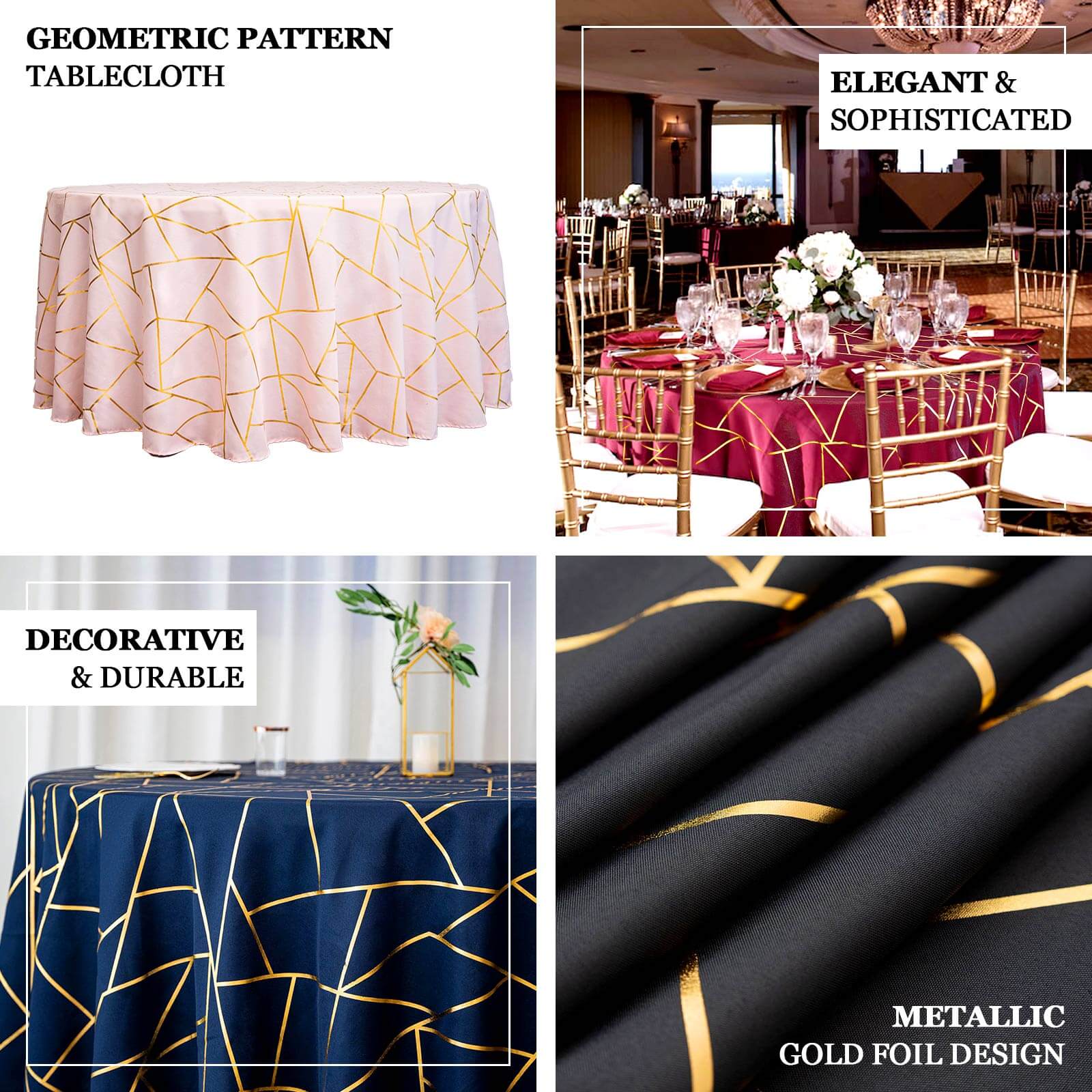 Polyester 120 Round Tablecloth Dusty with Gold Foil Geometric Pattern Wrinkle-Resistant Seamless Table Cover