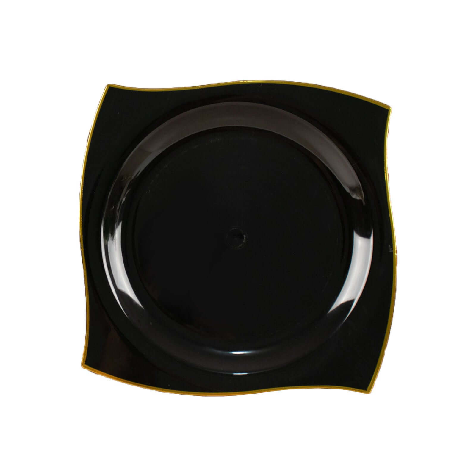 10-Pack Plastic 10 Square Dinner Plates in Black with Gold Wavy Rim Modern - Disposable Party Plates