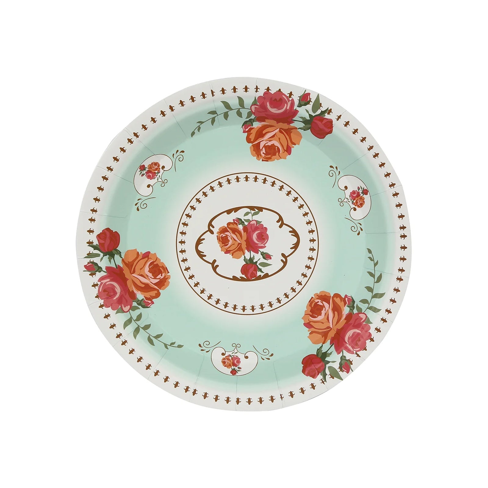 25-Pack Paper 7 Round Dessert Plates in Turquoise with Vintage Rose Flower Print - Disposable Appetizer Salad Plates