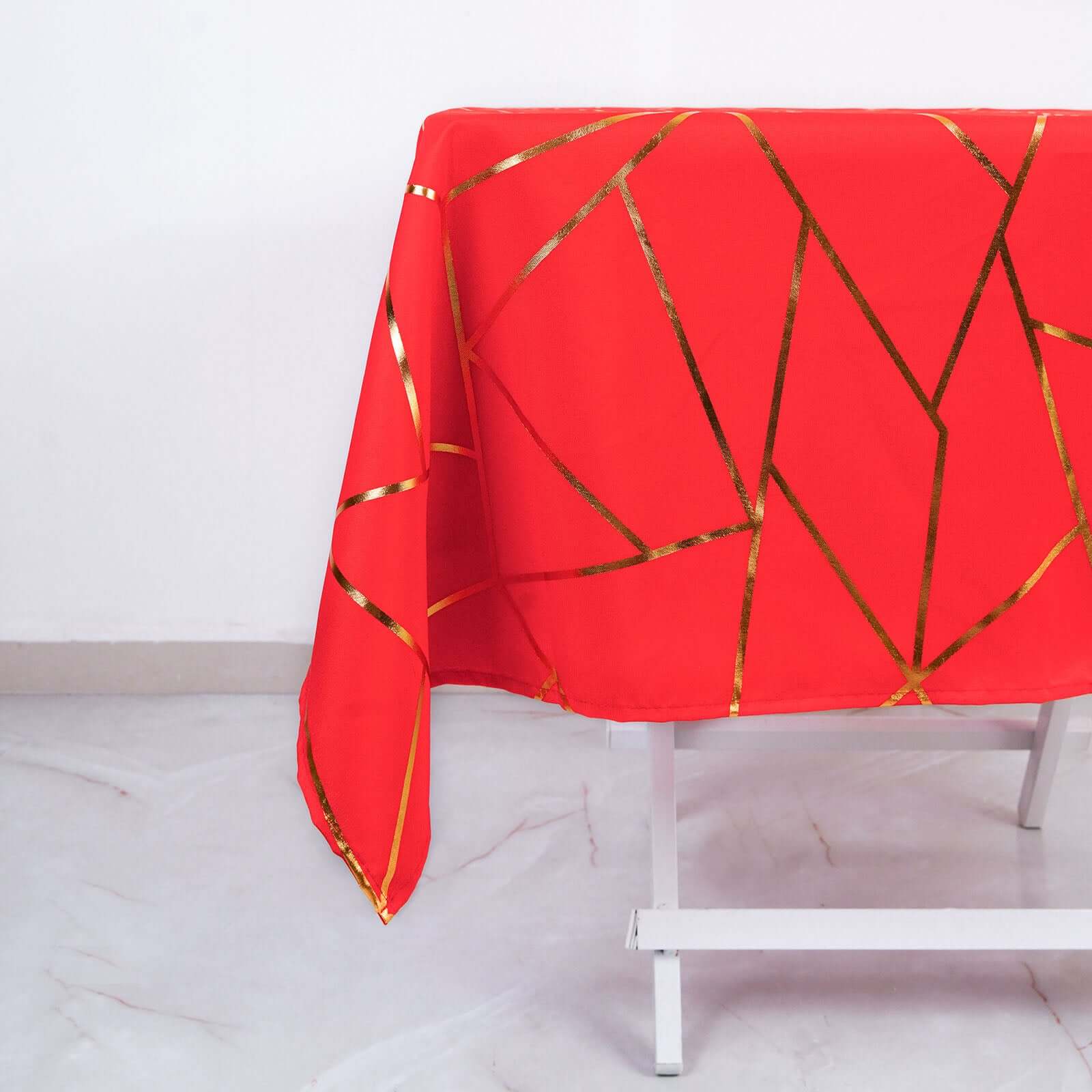 Polyester 54x54 Square Tablecloth Red with Gold Foil Geometric Pattern - Wrinkle-Resistant & Durable Table Cover