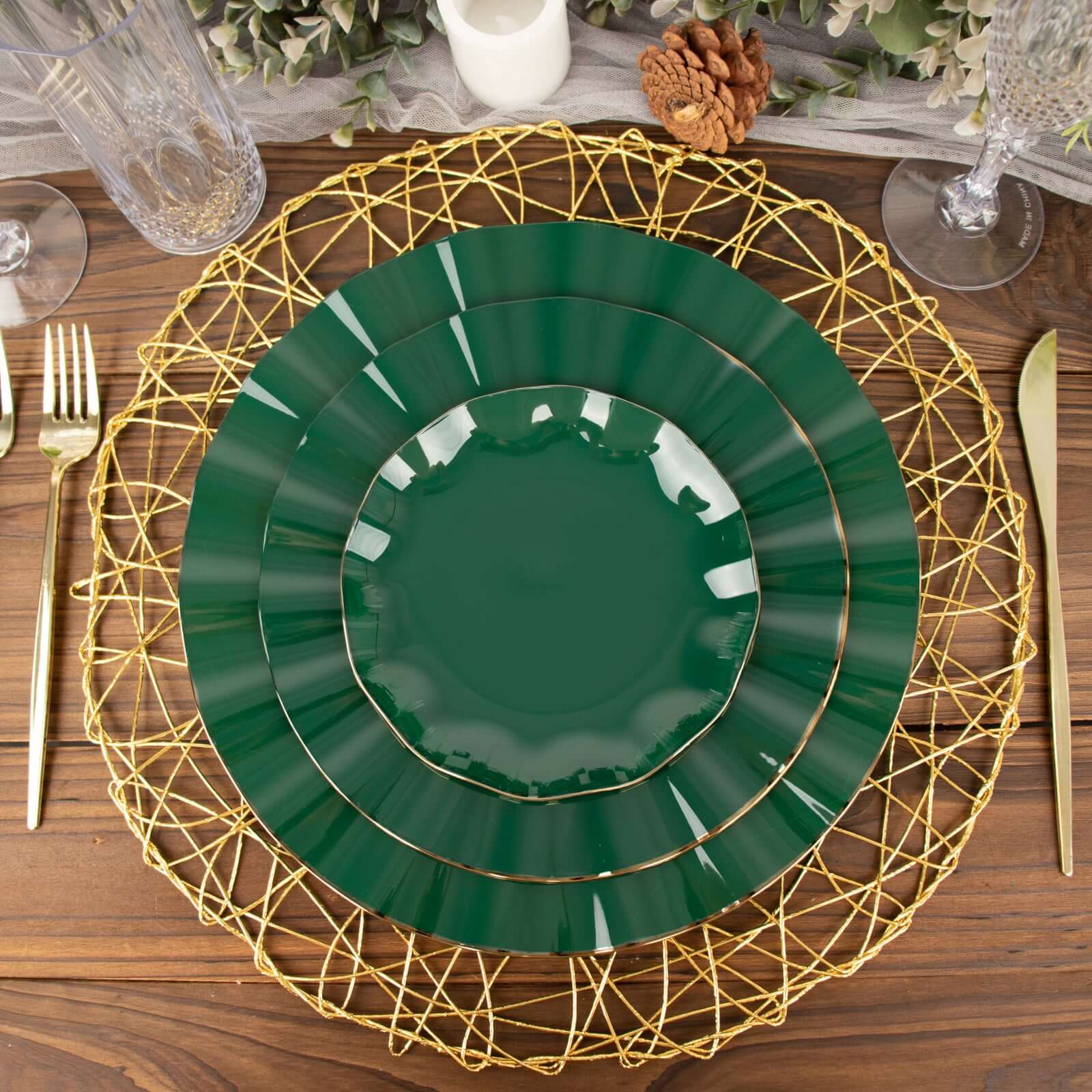 10-Pack Plastic Round 6 Dessert Plates in Hunter Emerald Green Ruffled Rim with Gold Edging - Sturdy Disposable Salad Appetizer Dinnerware