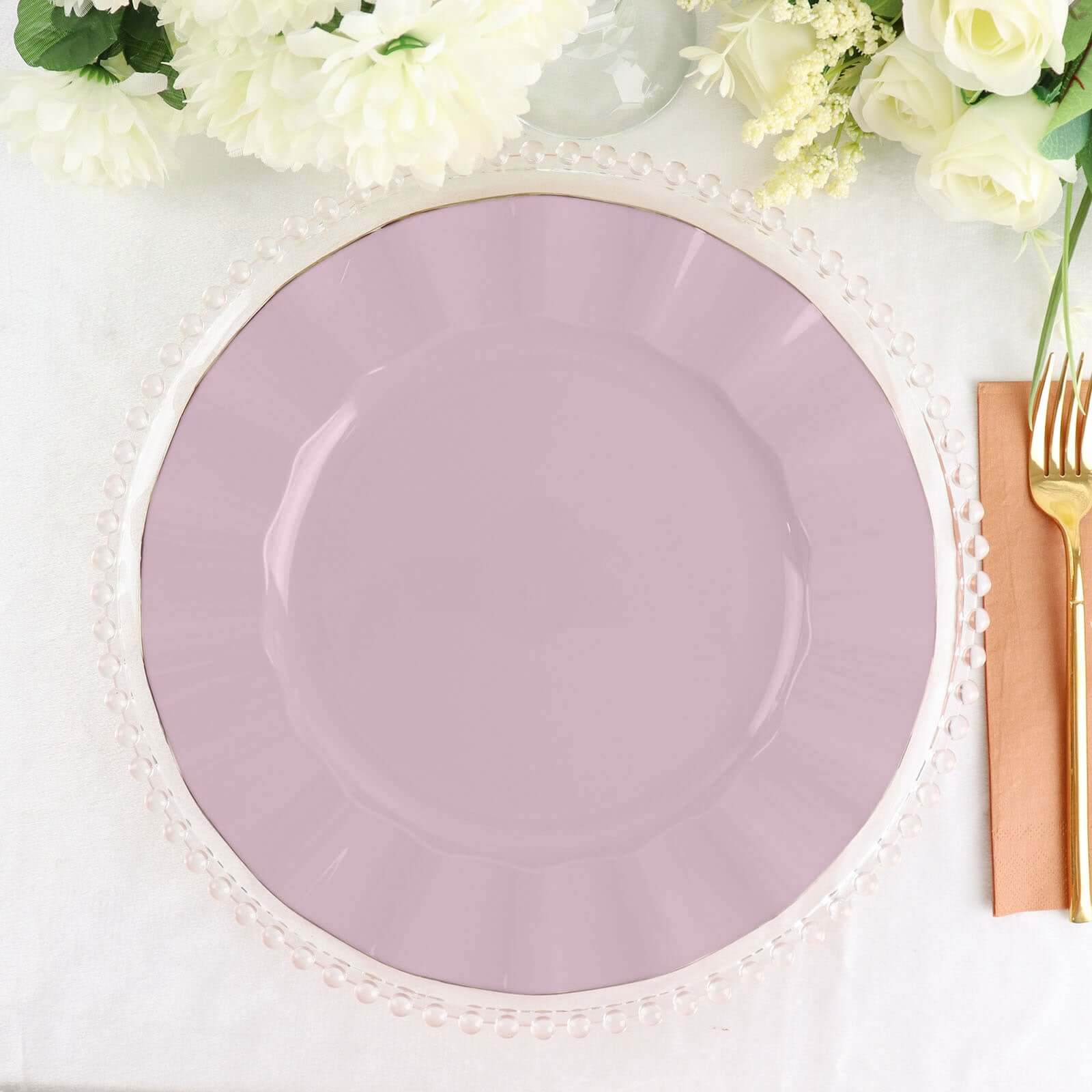 10-Pack Plastic 11 Round Dinner Plates in Lavender Lilac Ruffled Rim with Gold Edging - Sturdy Disposable Dinnerware