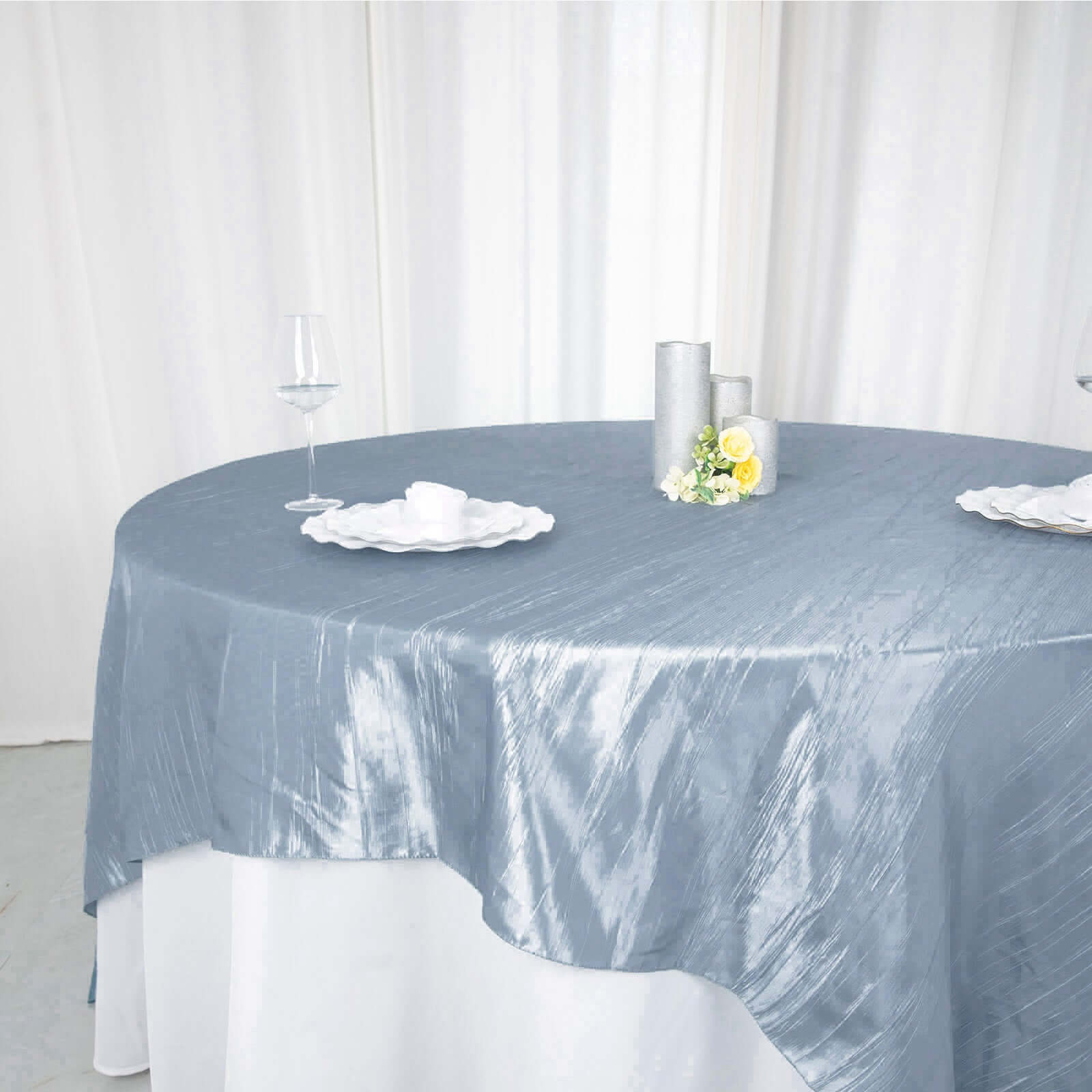 Taffeta 90x90 Table Overlay Square Tablecloth Dusty Blue - Accordion Crinkle Table Cover