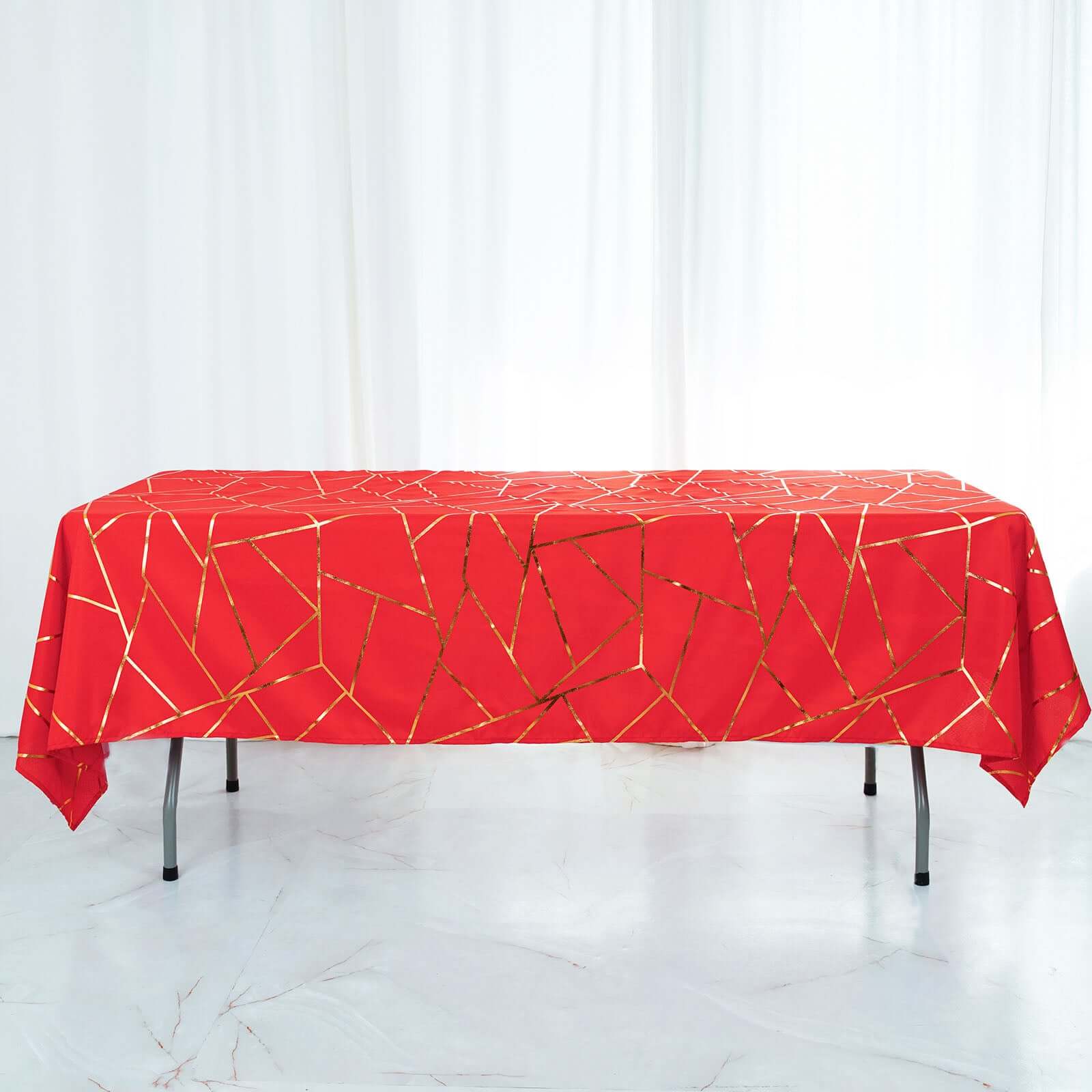 Polyester 60x102 Rectangle Tablecloth Red with Gold Foil Geometric Pattern - Wrinkle-Resistant & Durable Table Cover