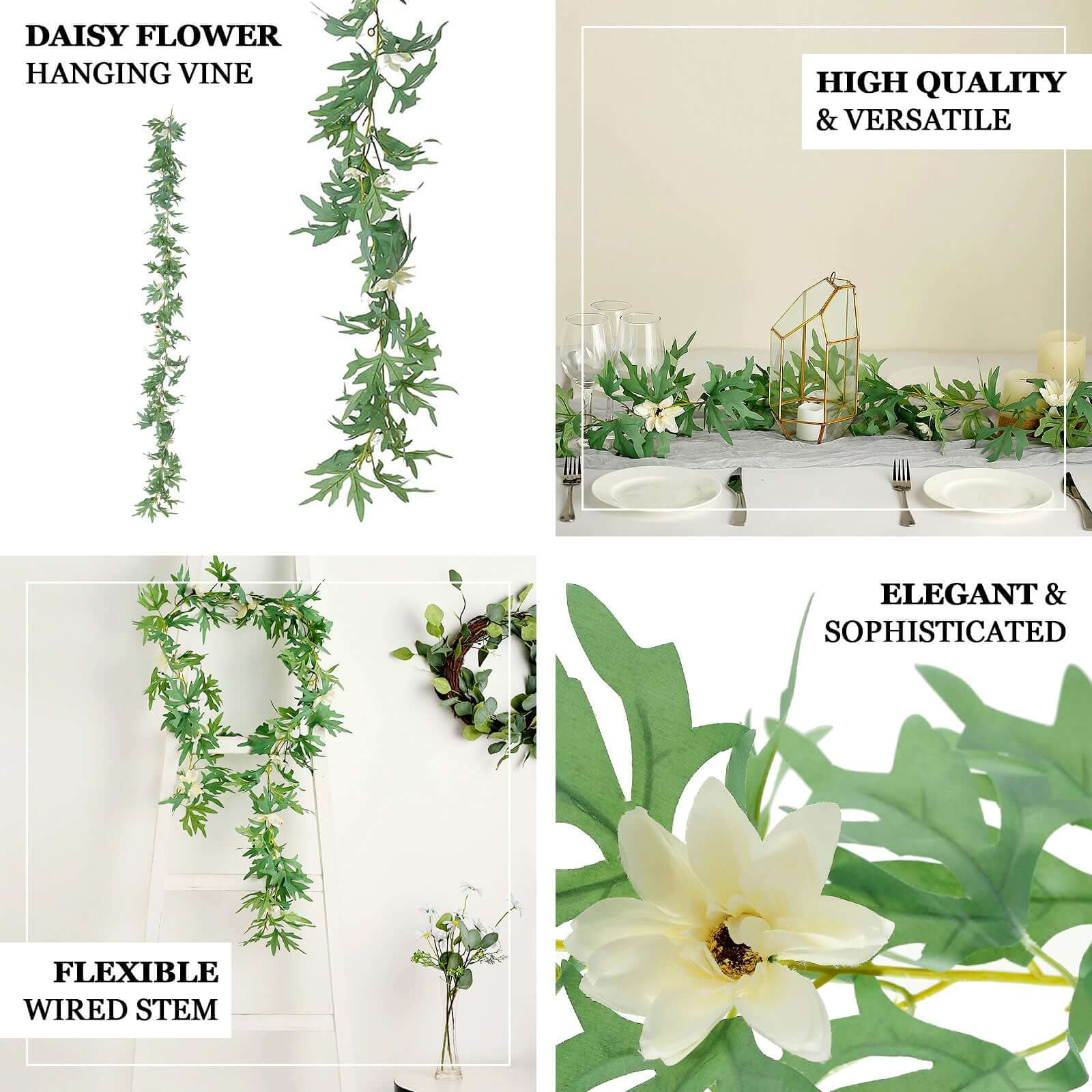 5.5ft Cream Artificial Daisy, Magnolia Leaf Flower Garland Faux Vine