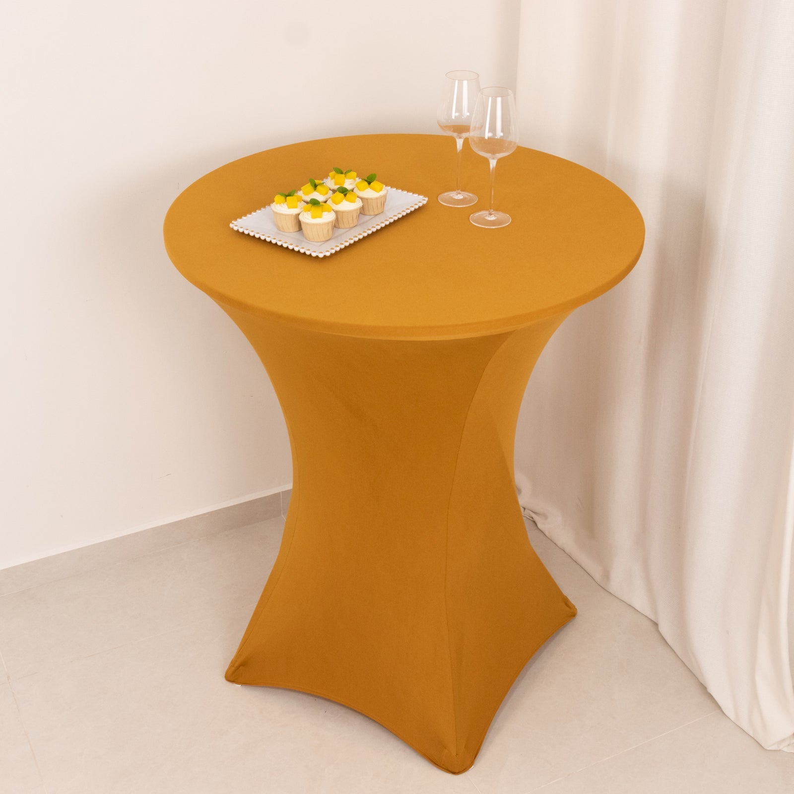 Spandex 33-36 Round Cocktail Table Cover Gold - Easy to Maintain Stretch Fitted Highboy Tablecloth for Events