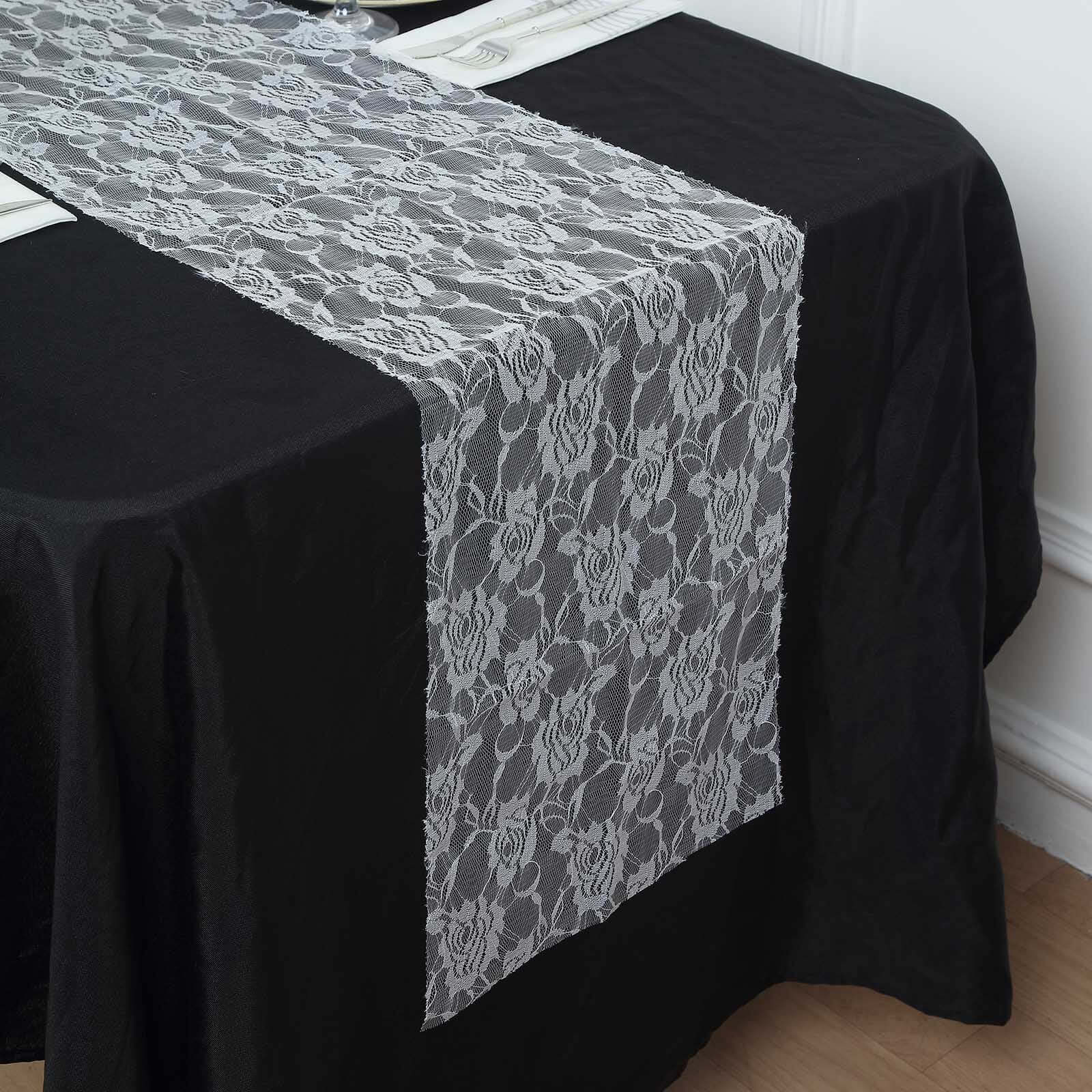 Lace 12x108 Table Runner White with Rose Flower Pattern - Stylish Vintage Table Decor