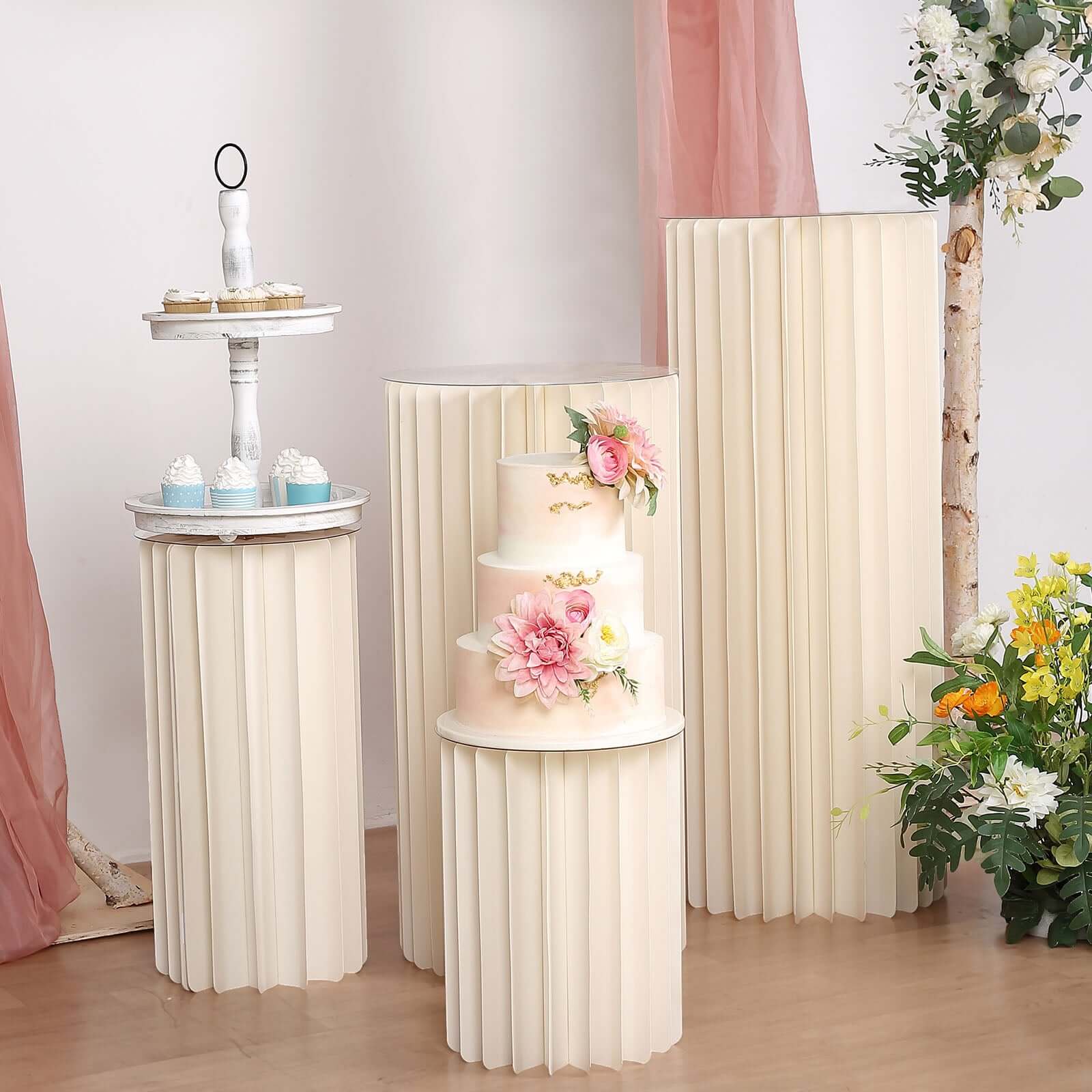 24 Ivory Cylinder Display Column Stand, Pillar Pedestal Stand With Top Plate