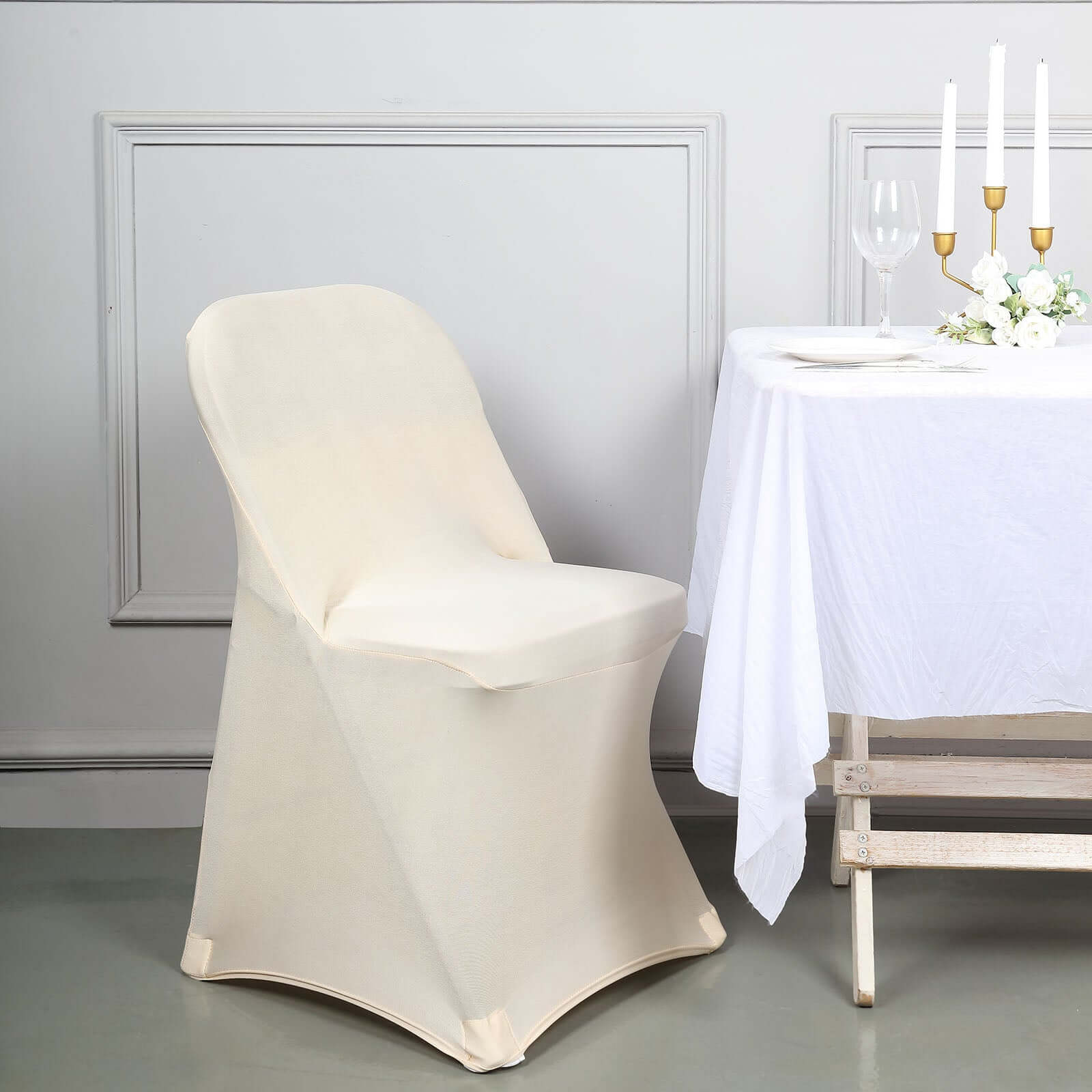 Stretch Spandex Chair Cover Beige for Folding Chairs - Reusable & Wrinkle-Resistant 160GSM Fitted Slipcover