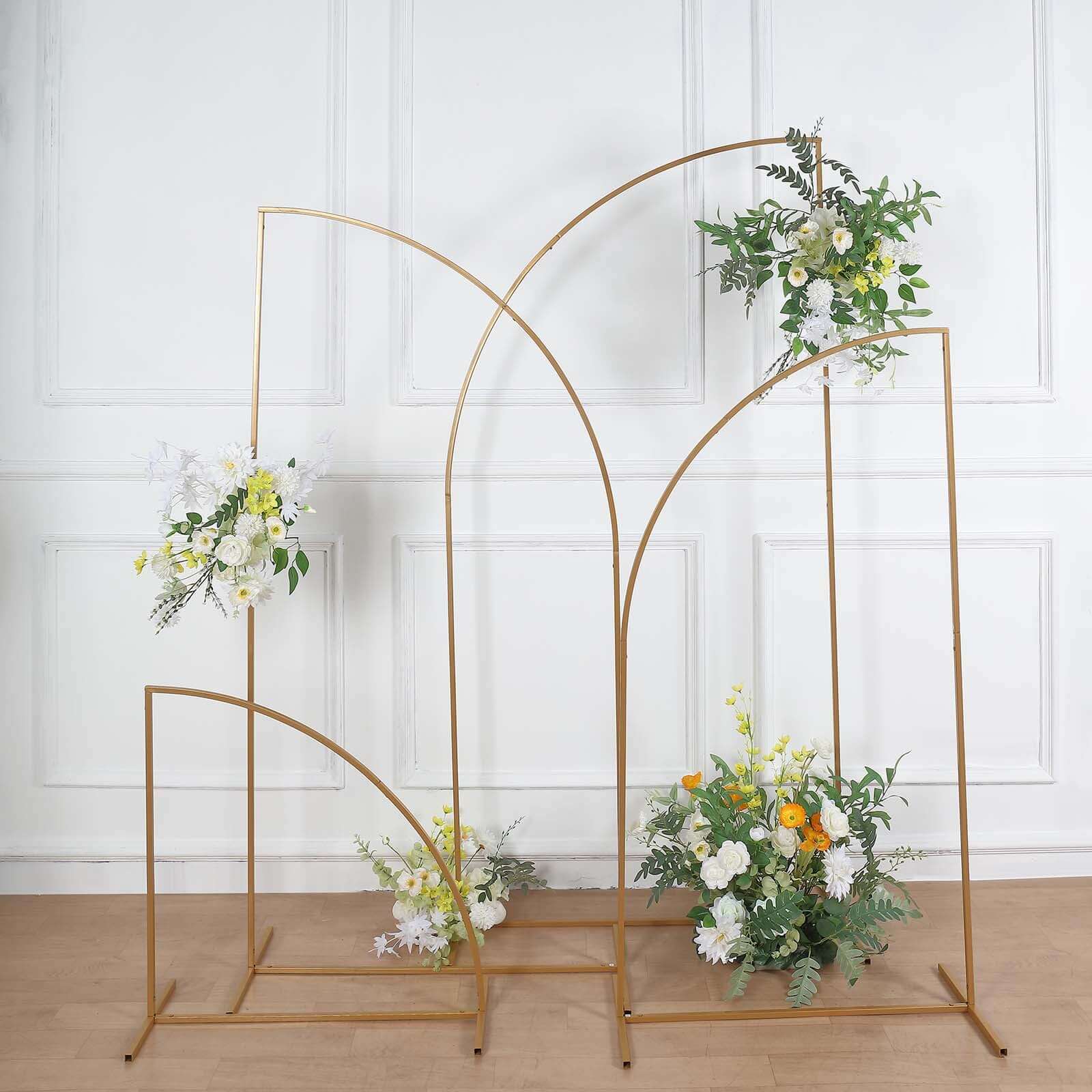 Set of 4 Gold Metal Half Moon Floral Frame Wedding Arbor Stand, Chiara Backdrop Display Arch - 2.5ft,5ft,6ft,7ft