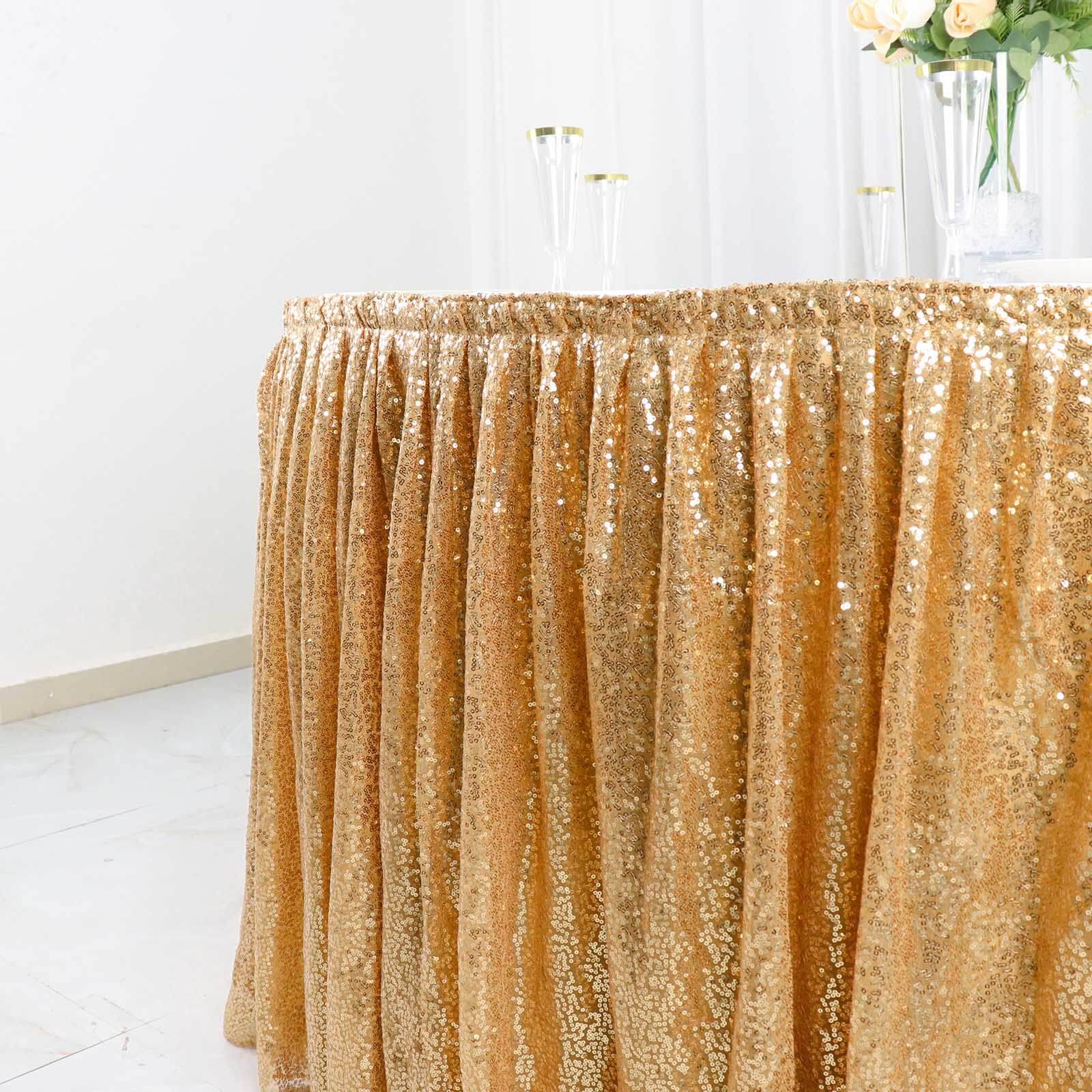 Sequin 17ft Table Skirt Gold - Pleated Satin With Top Velcro Strip - Glitzy Event Decoration