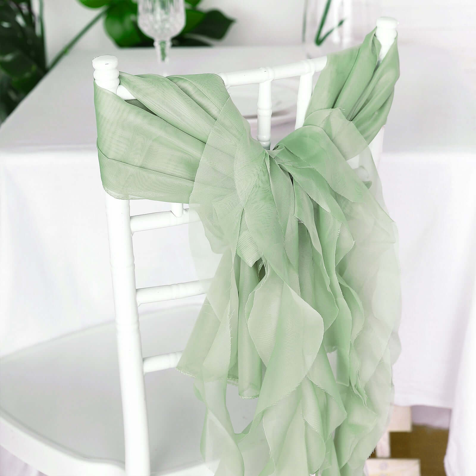 1 Set Chiffon Hoods Chair Sashes with Willow Ruffles Design Sage Green - Stylish Chair Bow Decor