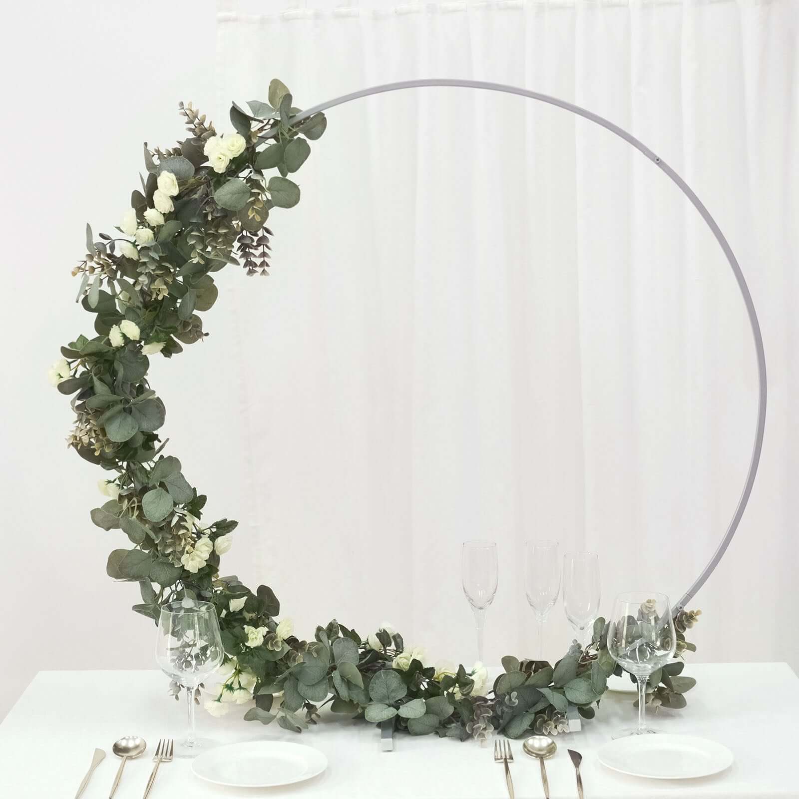 Round Wedding Hoop Table Centerpiece Metal Silver - Self-Standing Floral Wreath Frame for Events 36