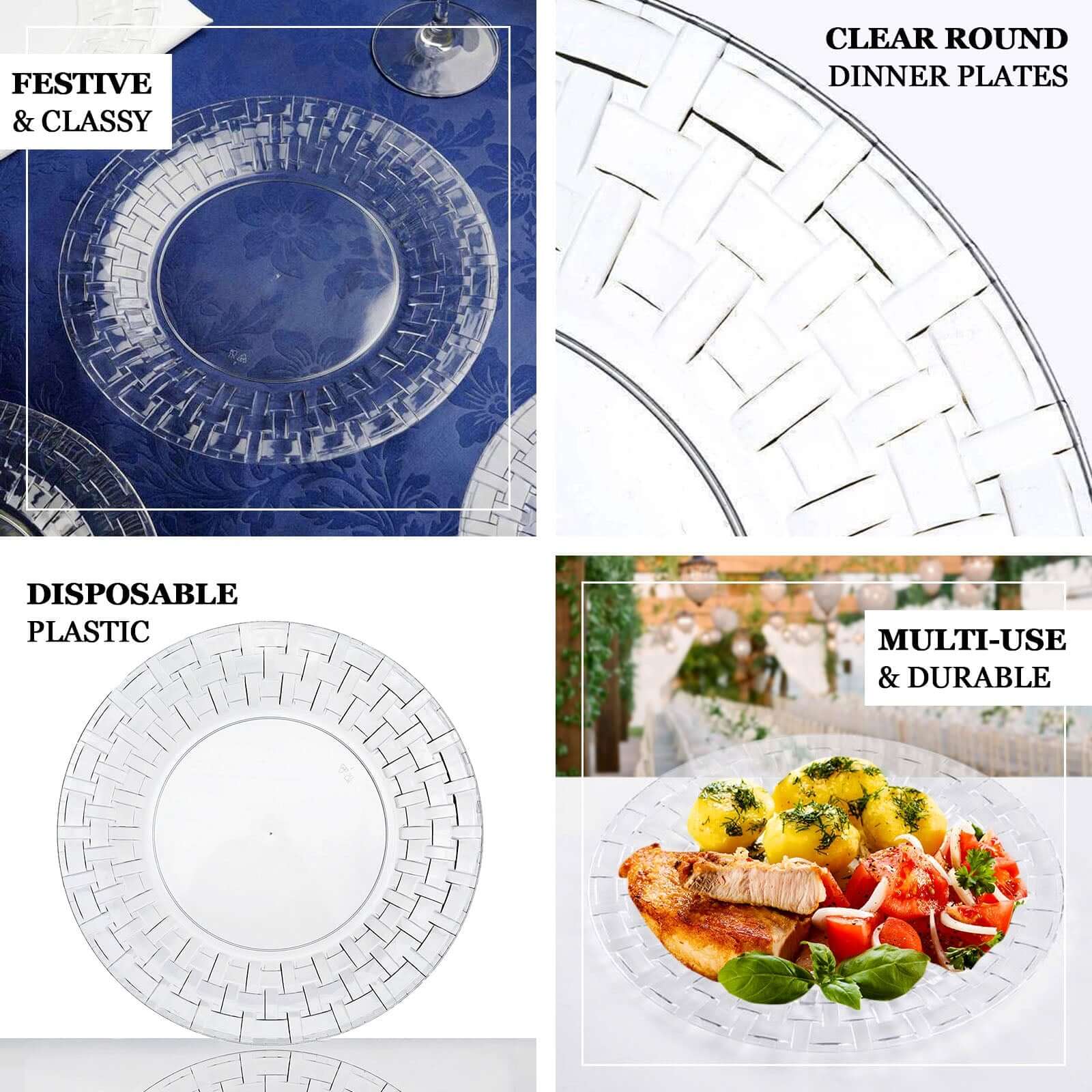 10-Pack Plastic Dinner Plates White Basketweave Rim - Durable Disposable Dinner Plates 10