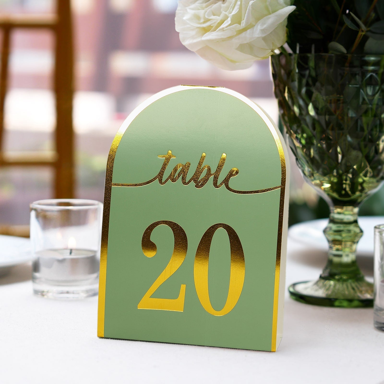 25-Pack Paper Wedding Table Numbers 1-25 Sage Green Arch Cutout Design - Sleek & Modern Free Standing Double Sided Table Tent Cards with Metallic Gold Foil Numbers 7