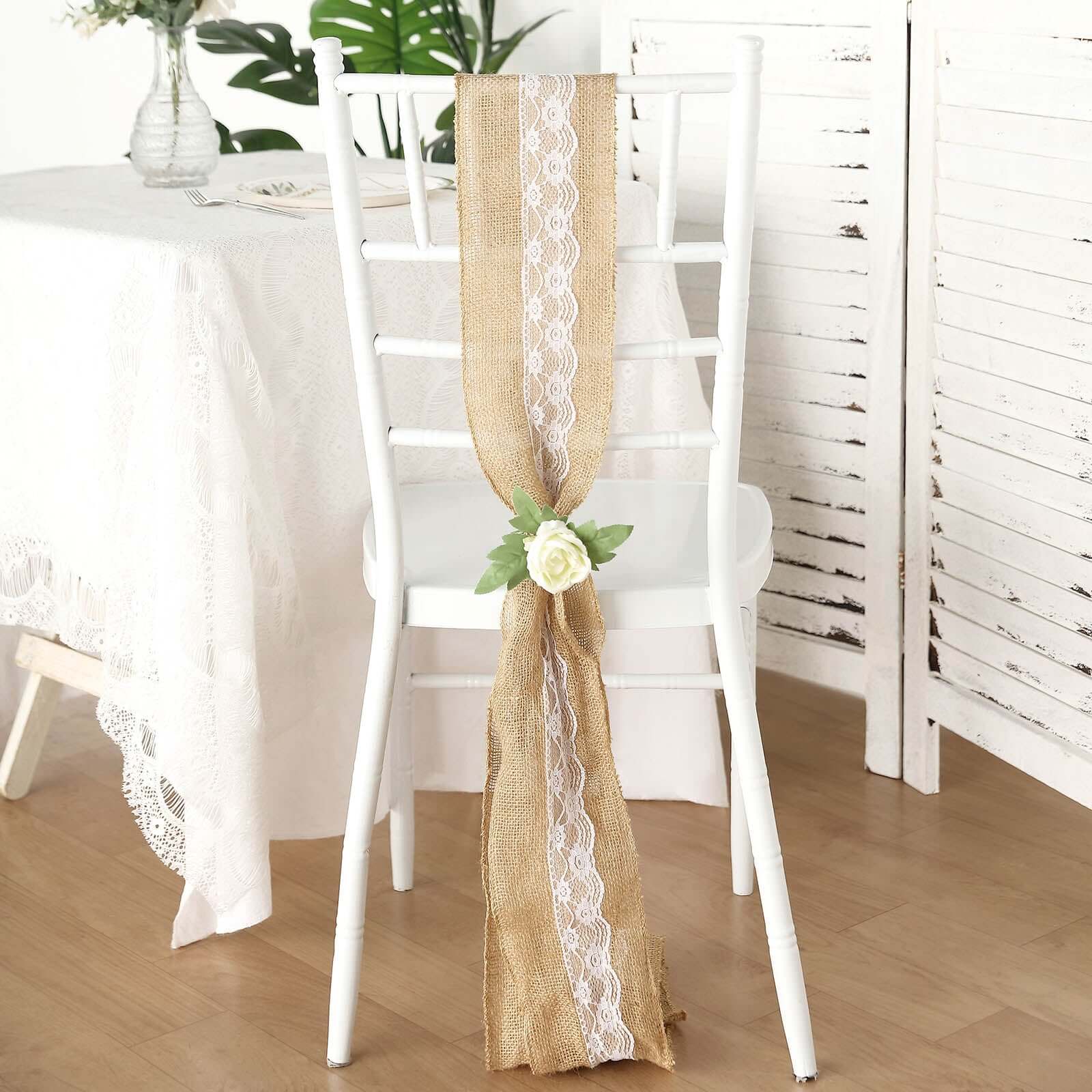 Natural Burlap Chair Sash 5x108 with Lace Hessian Jute - Rustic Bow Design for Weddings & Gatherings