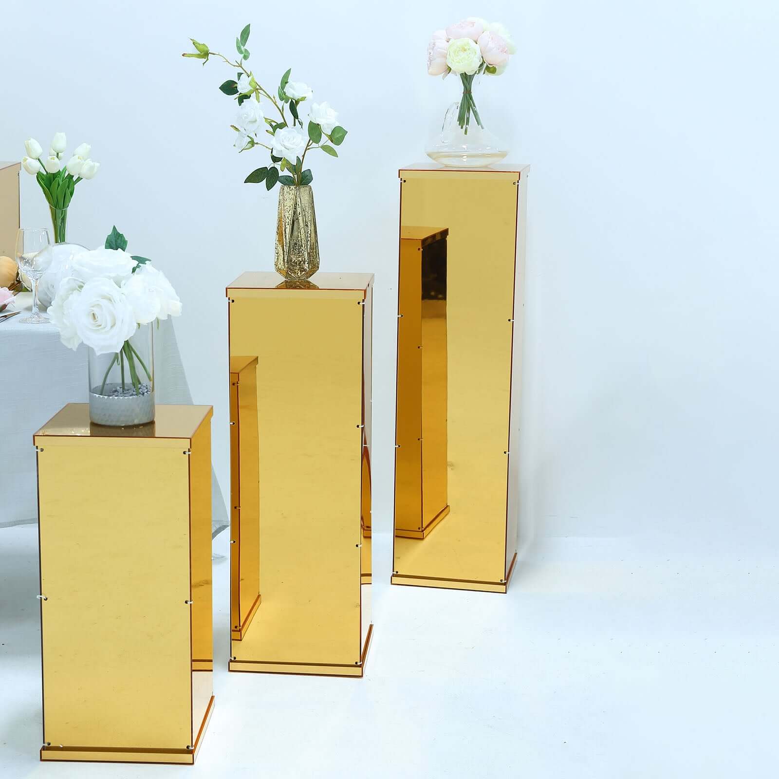 40 Floor Standing Gold Mirror Finish Acrylic Display Box, Pedestal Riser with Interchangeable Lid and Base