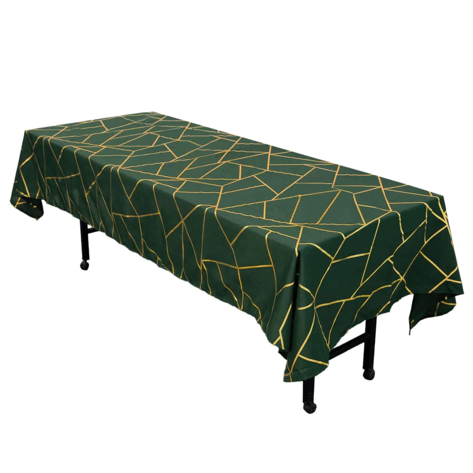 Polyester 60x102 Rectangle Tablecloth Hunter Emerald Green with Gold Foil Geometric Pattern - Wrinkle-Resistant & Durable Table Cover