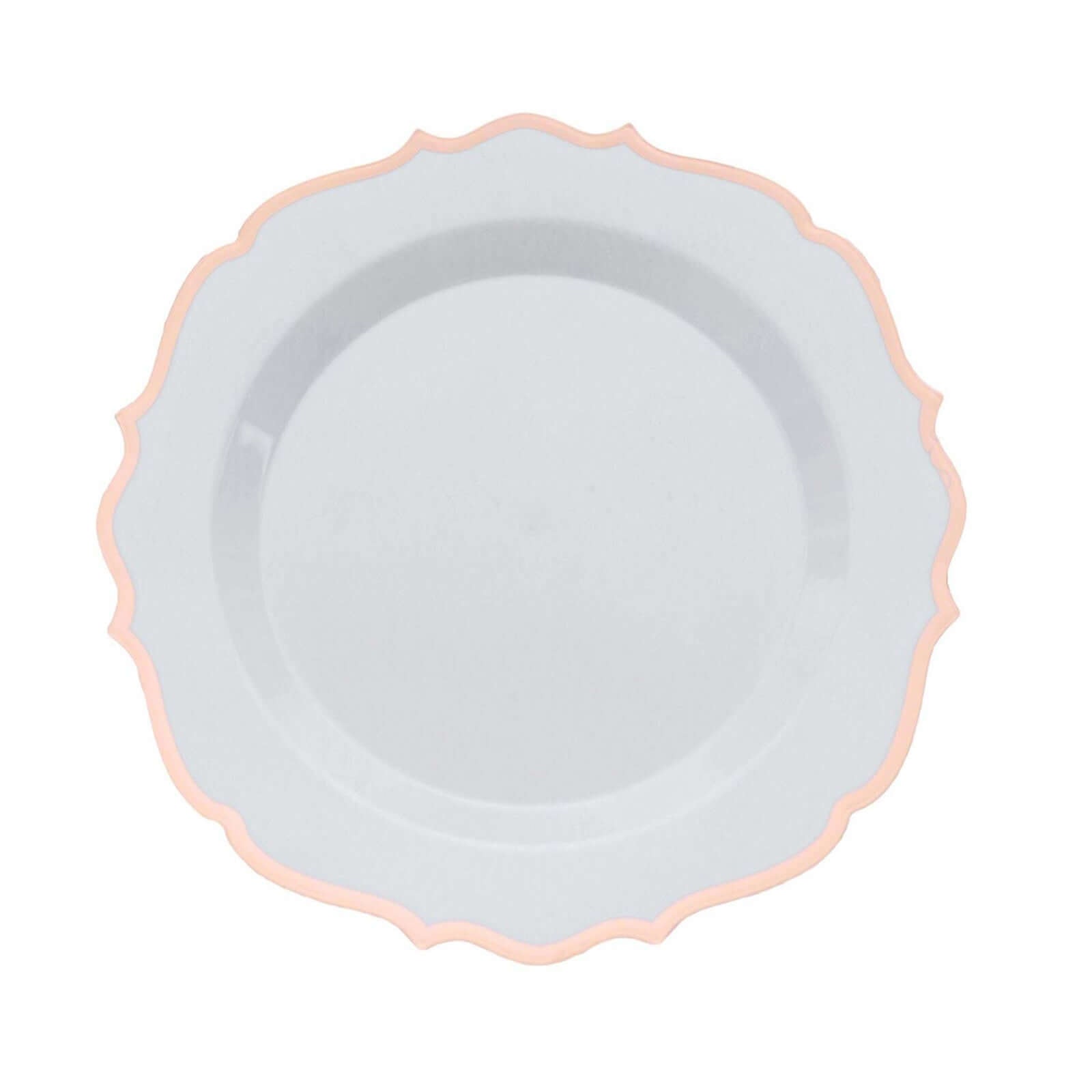 10-Pack Plastic 8 Round Desert Plates in White with Rose Gold Scalloped Rim - Disposable Appetizer/Salad Plates