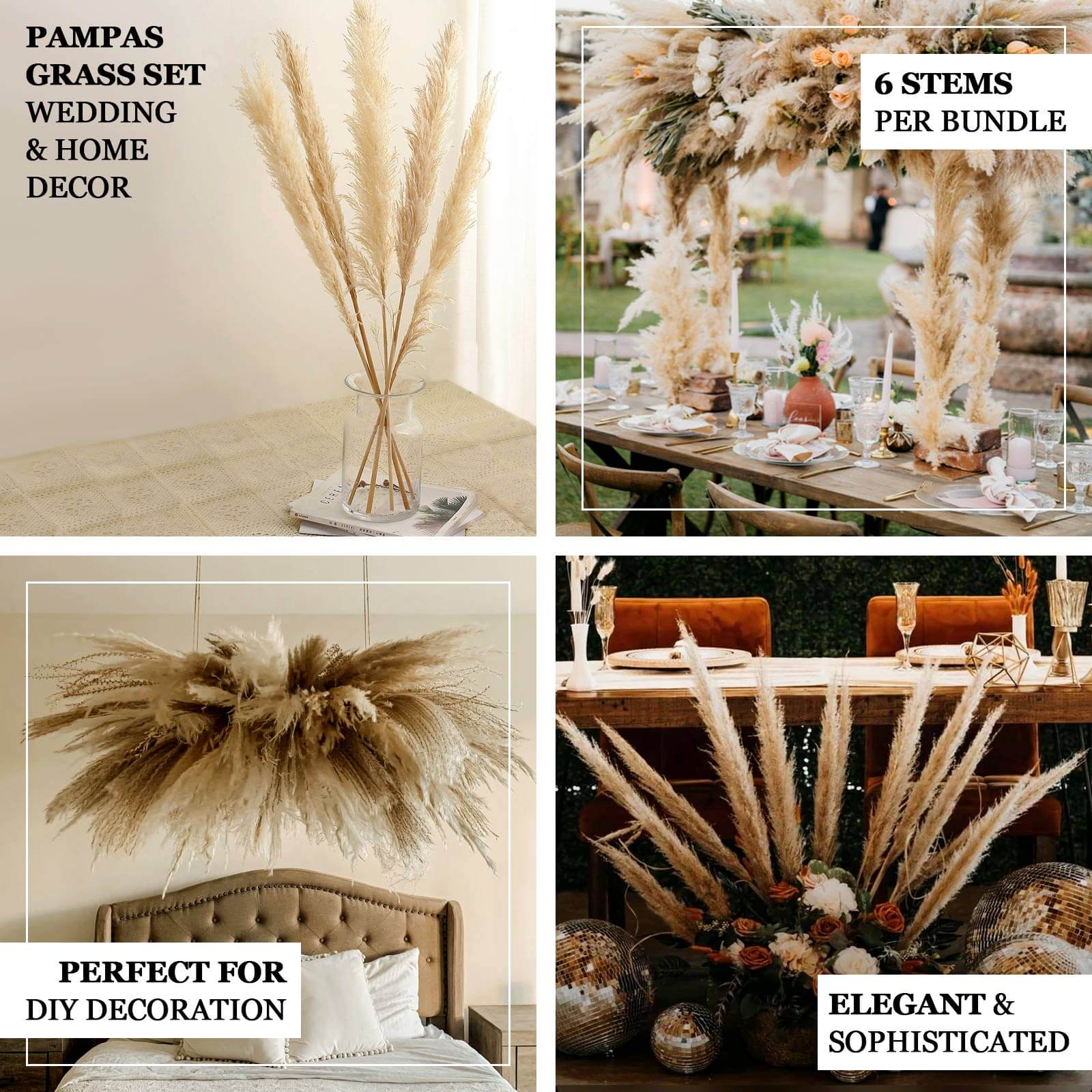 6 Stems Natural Dried Pampas Grass Decor Wheat Tint - Tall Plant Sprays for Boho Chic Vase Displays Backdrops & Event Styling 49