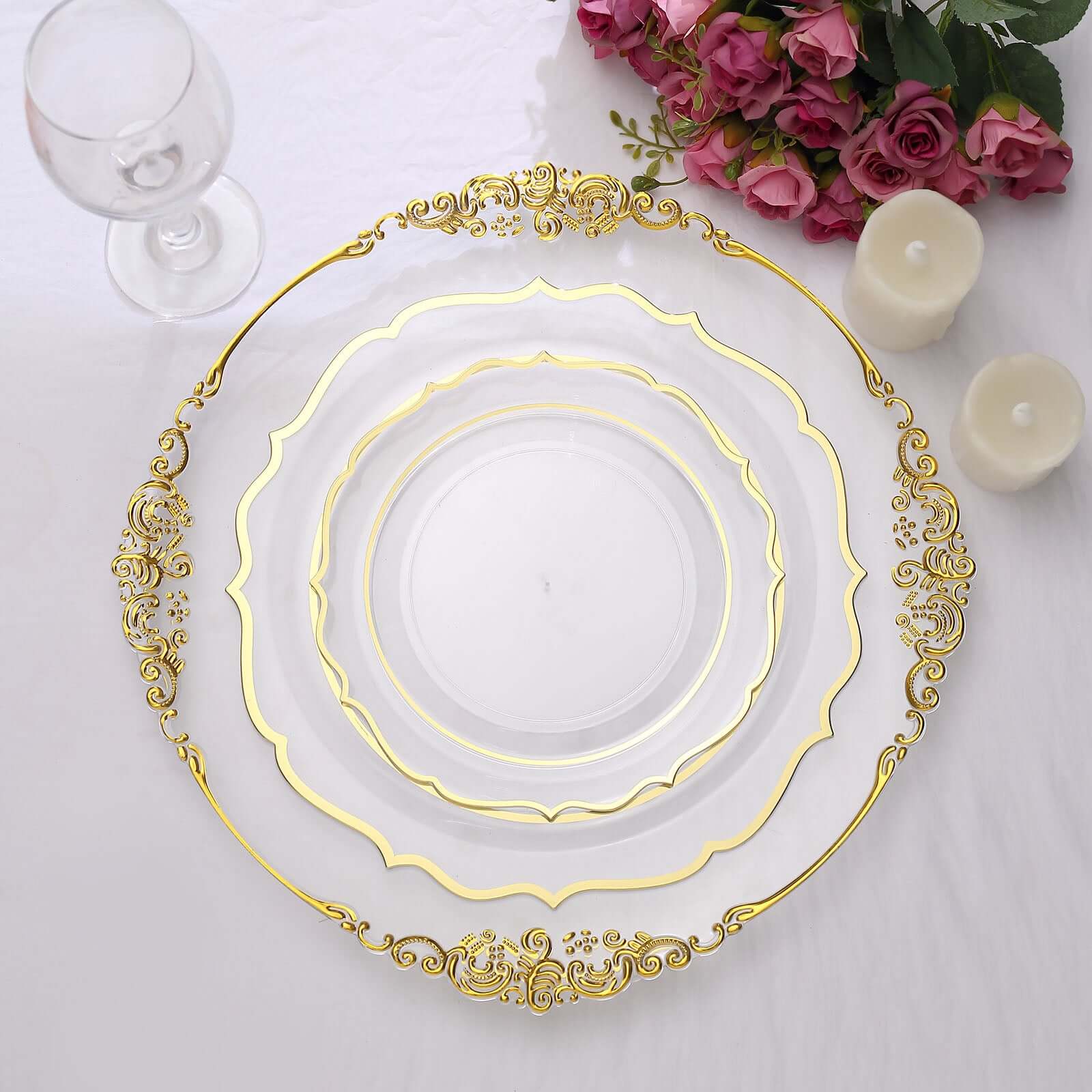 10-Pack Plastic 8 Round Desert Plates in Clear with Gold Scalloped Rim - Disposable Appetizer/Salad Plates