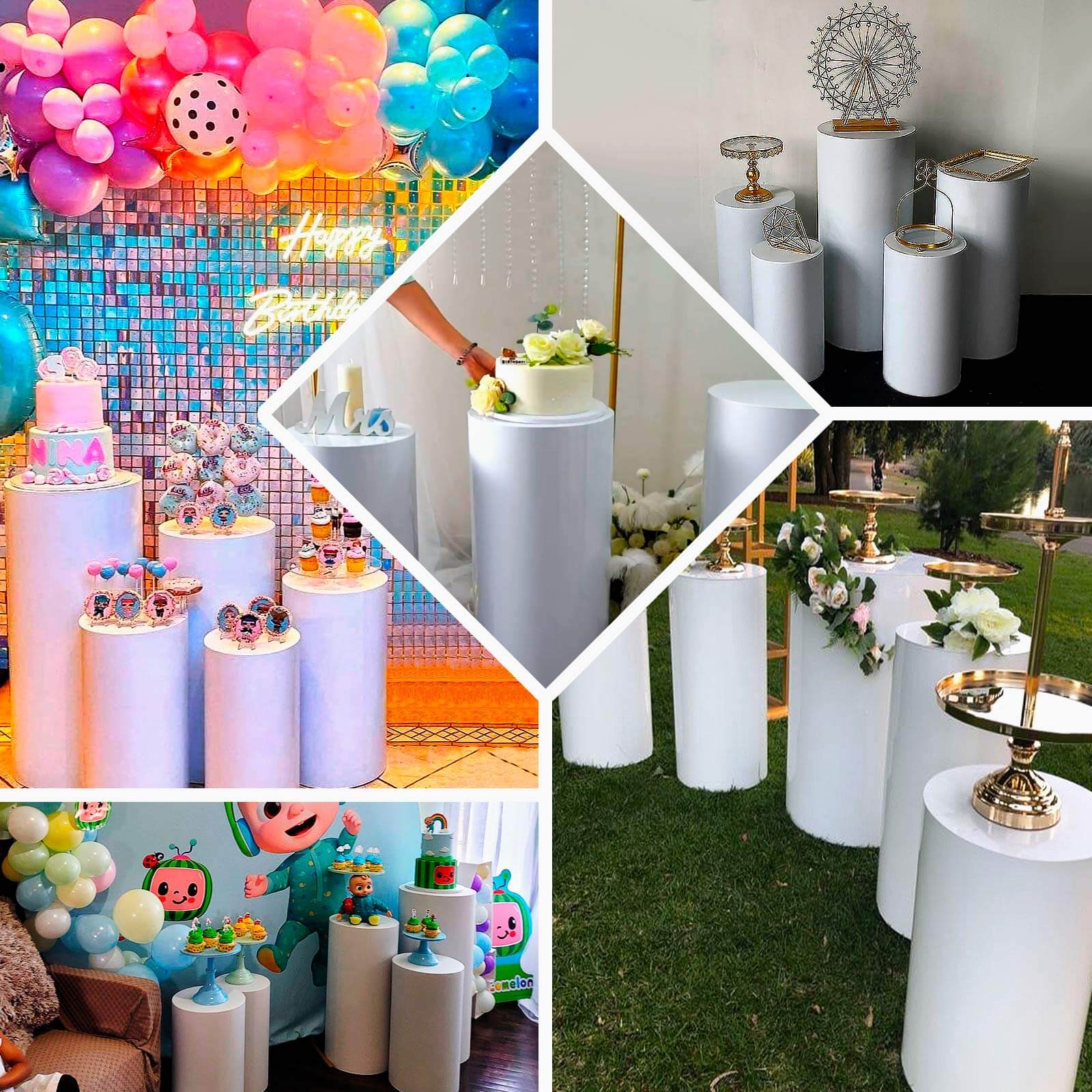 Set of 5 White Metal Cylinder Pillar Prop Stands For Wedding Aisle, Round Plinth Pedestal Display Boxes - 20,22,24,26,30