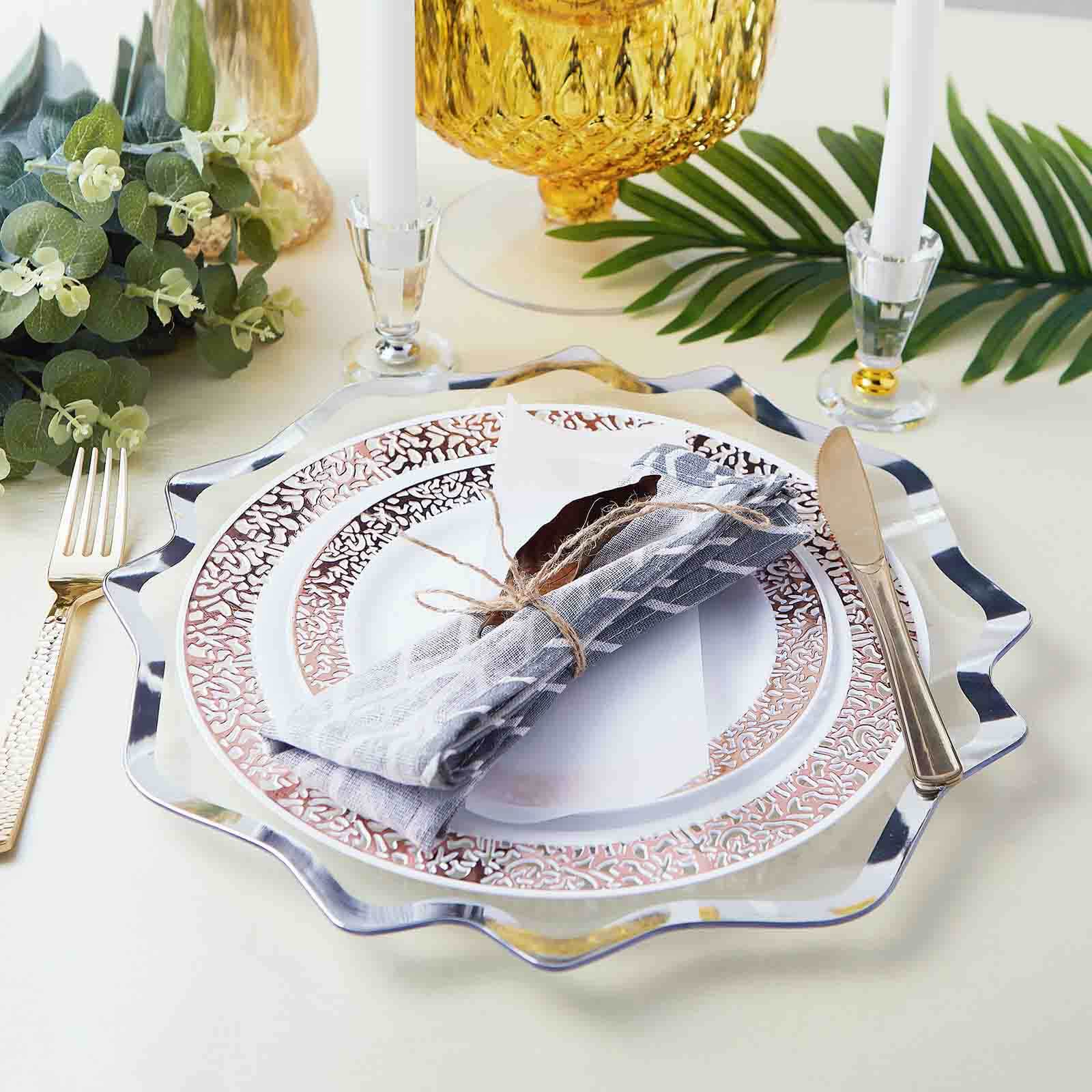 6-Pack Acrylic Plastic Round Charger Plates 13 in Clear with Silver Scalloped Edge, Exquisite Dinner Serving Plates