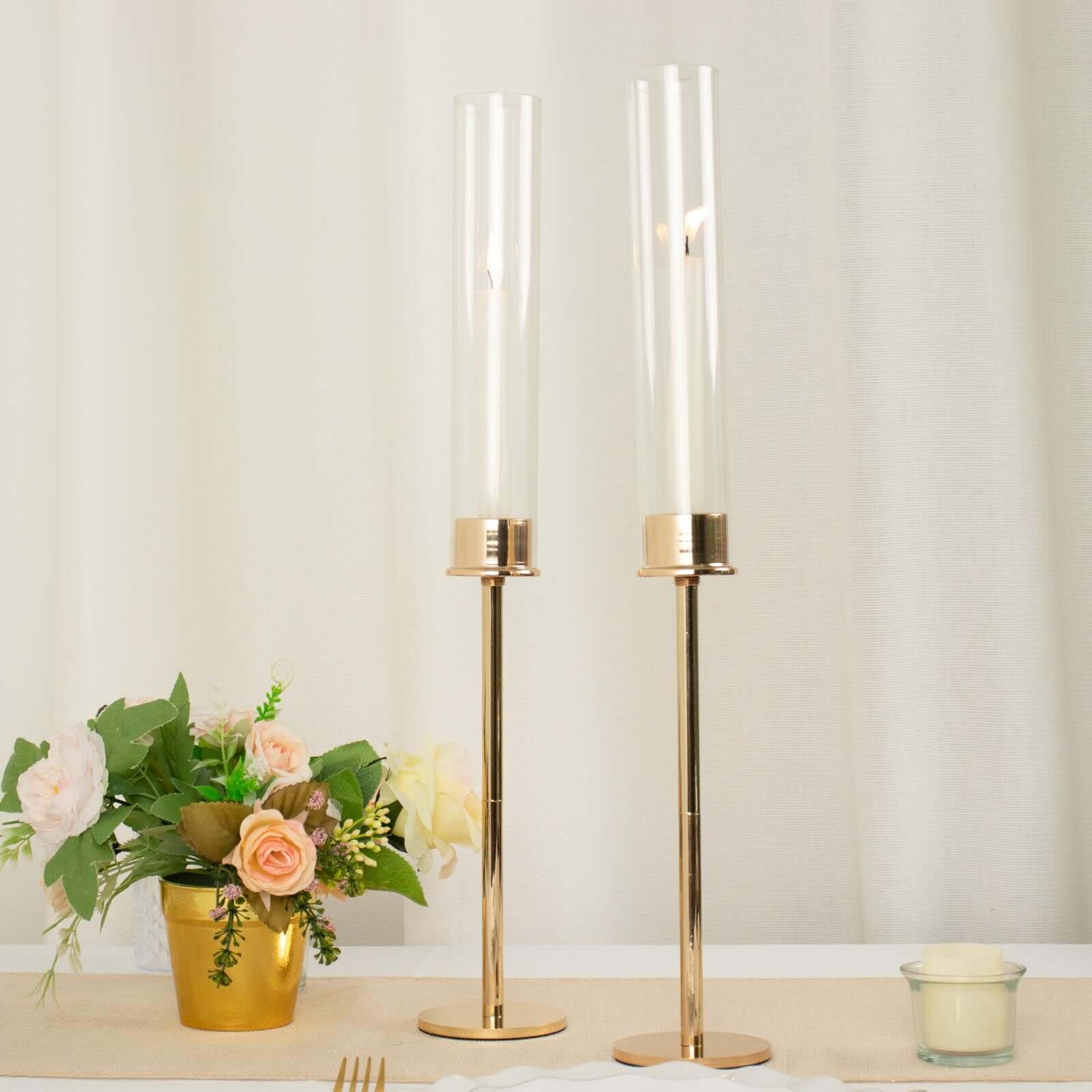 2-Pack Gold Metal Taper Candlestick Holders, Clear Glass Hurricane Candle Stands With Chimney Candle Shades 20