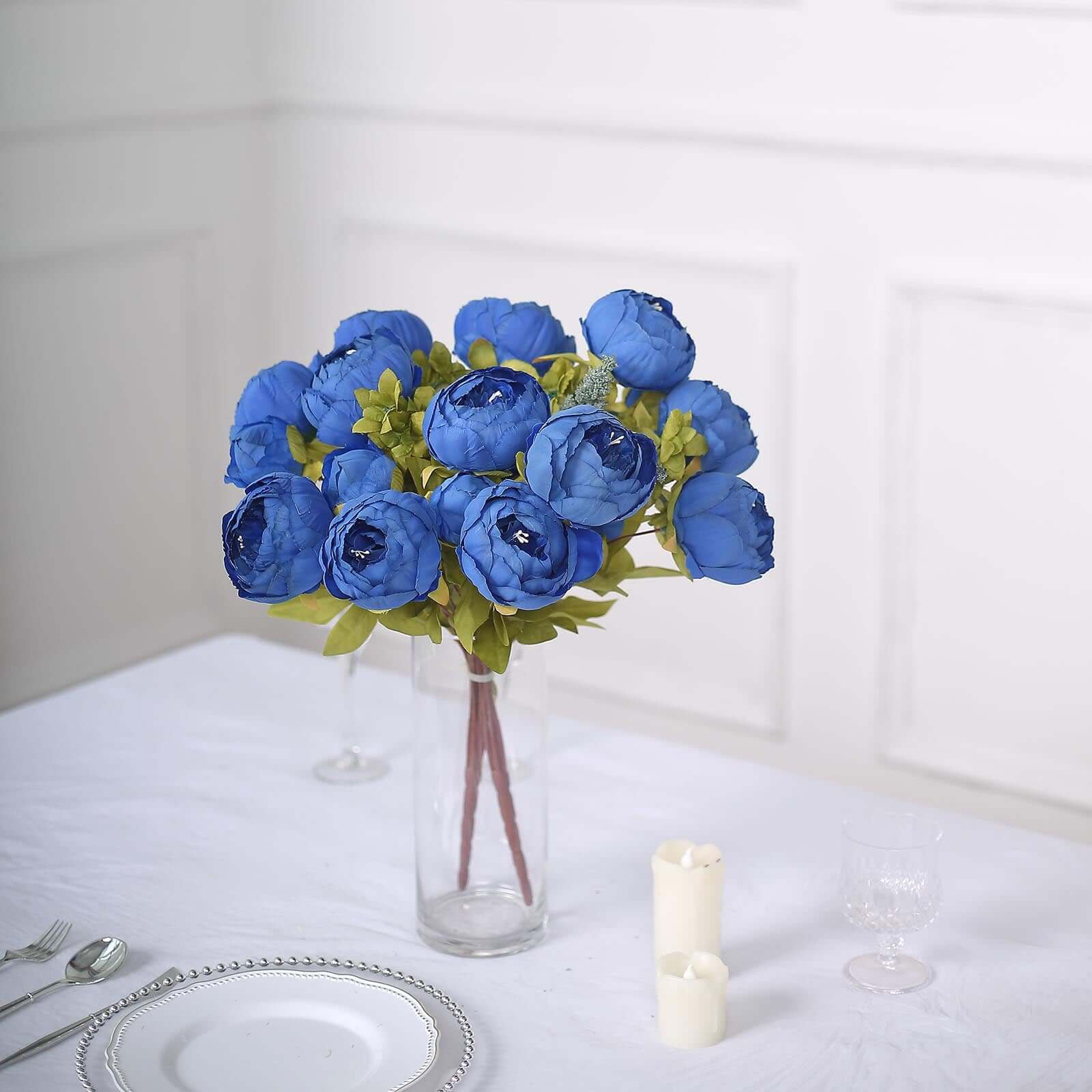 2 Pack 19 Royal Blue Artificial Peony Flower Wedding Bouquets, Faux Silk Flower Arrangements